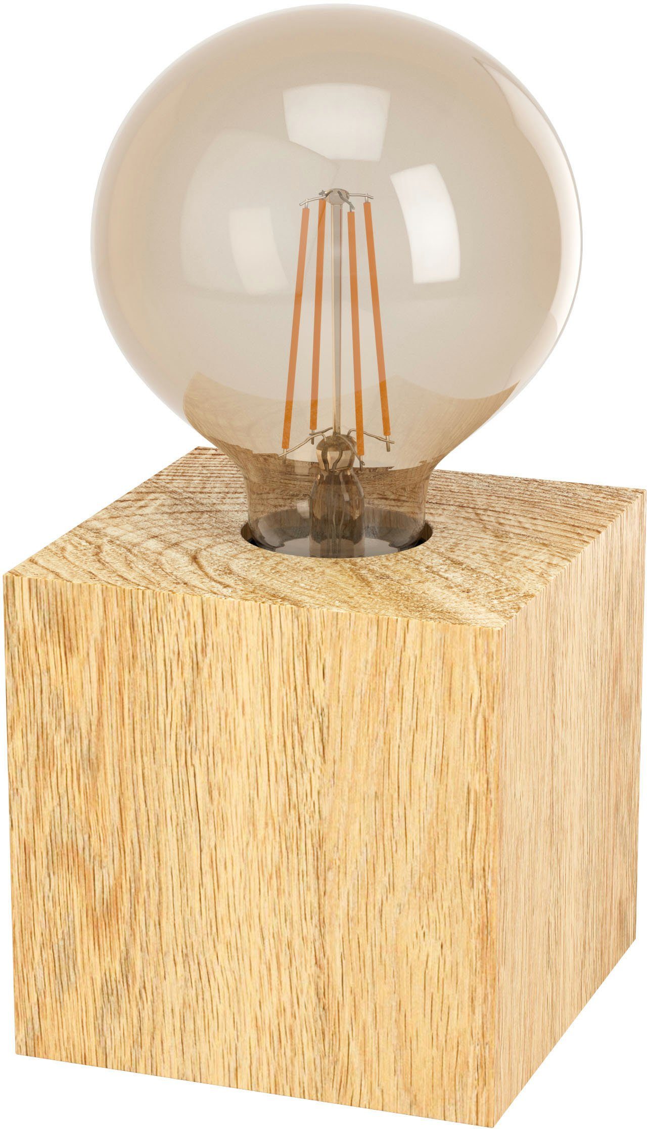 EGLO Tischleuchte PRESTWICK 2 Tischlampe, Würfel, Holz, ohne Lampenschirm, E27, Leuchtmittel wechselbar, ohne Leuchtmittel, Nachttischlampe, Deko, wohnlich, Schalter am Kabel, 9,5x9,5x9,5 cm