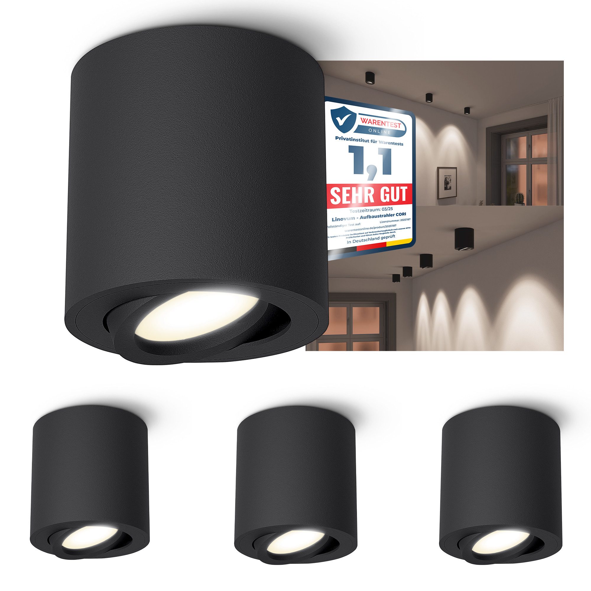 linovum LED Aufbaustrahler CORI Aufbauspot mit LED GU10 6,5W dimmbar neutralweiß schwenkbar, Neutralweiß