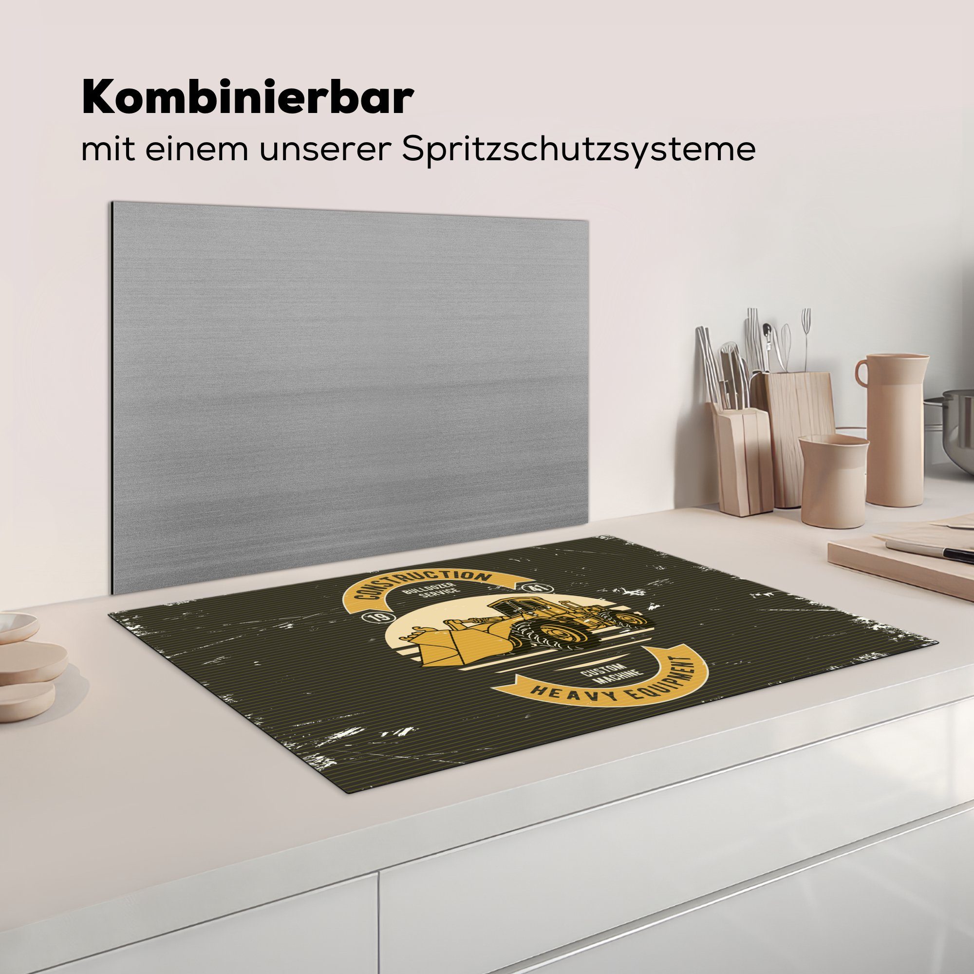 Herdblende-/Abdeckplatte Induktionskochfeld Schutz tlg), küche, Ceranfeldabdeckung Gelb Zeichnung MuchoWow die Retro, 81x52 - - cm, für Bulldozer Vinyl, (1 -