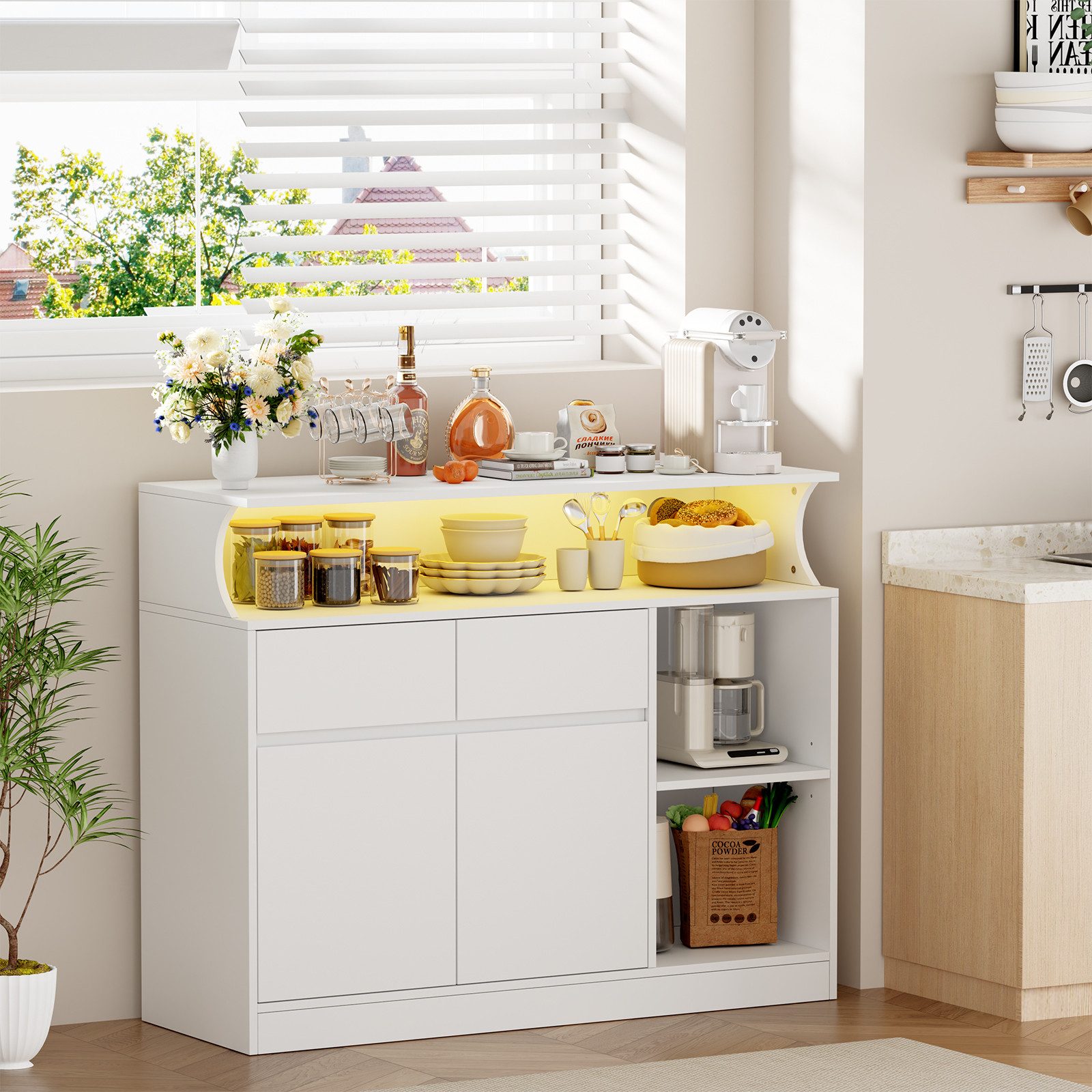 BEWISHOME Sideboard Küchenmöbel, mit Ladestation und LED-Beleuchtung, weiß (1 St), Beleuchtet und mit Steckdosenleiste