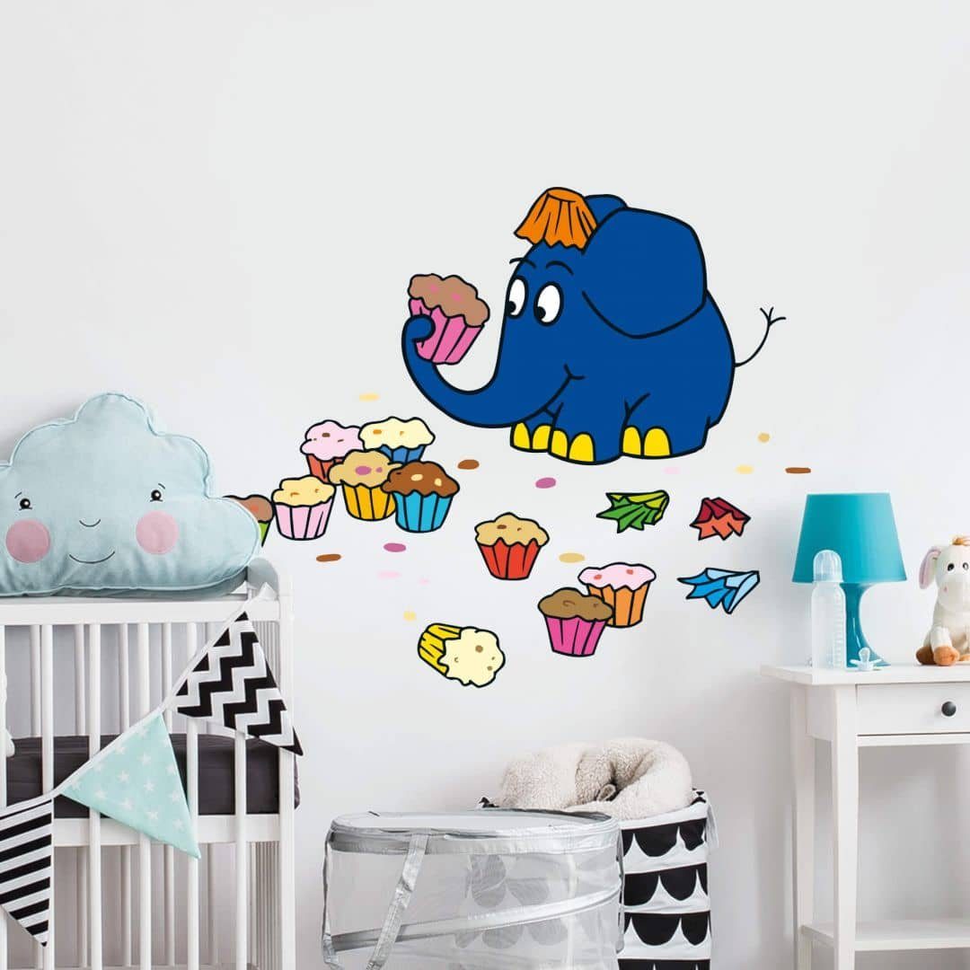 Die Sendung mit der Maus Wandtattoo Kinderzimmer Wandtattoo Die Maus Elefant bunte Muffins Aufkleber Wandsticker, selbstklebend, entfernbar