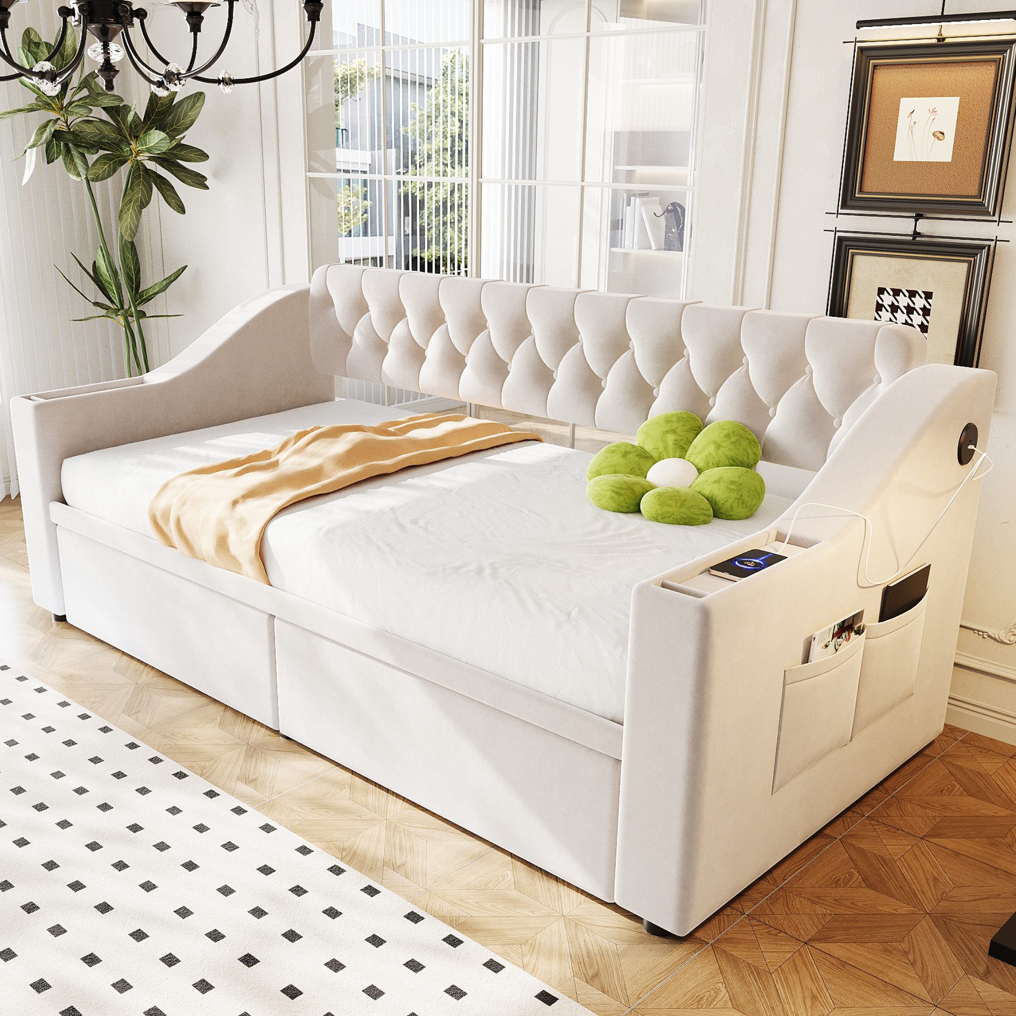Odikalo Schlafsofa Schlafcouch 90x190 mit Lattenrost & USB Ohne Matratze, Polsterbett Schlafsofa, 90/180*190 cm, Breitere und Dickere Armlehnen mit USB-Ladeanschluss, Integrierte Ablage in den Armlehnen, Mit Ablagetaschen, Mit Lattenrost, Samtstoff, Grau