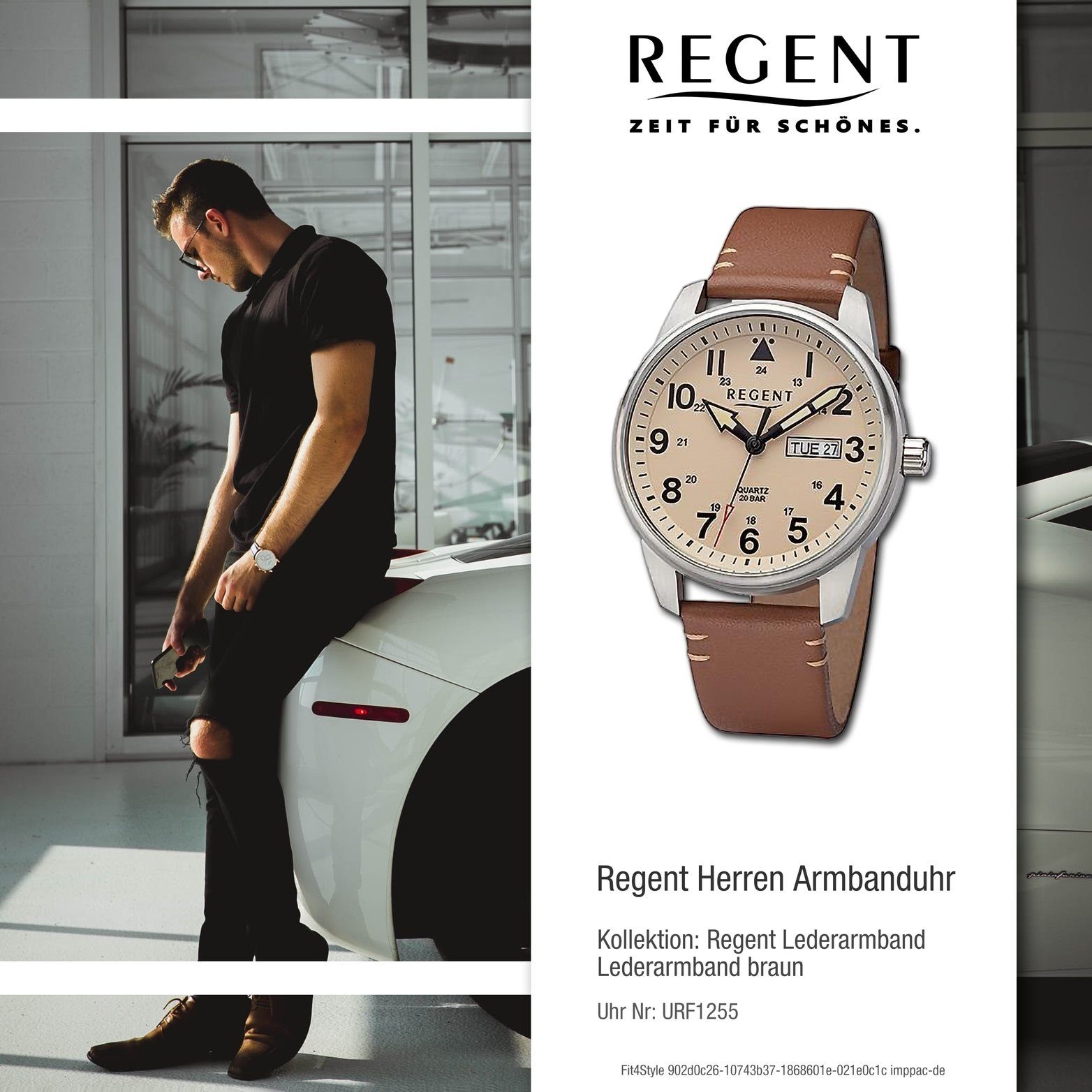 Regent Armbanduhr rundes Regent groß Herren Quarzuhr (40,5mm) hellbraun, Herrenuhr Analog, Gehäuse, braun, Lederarmband