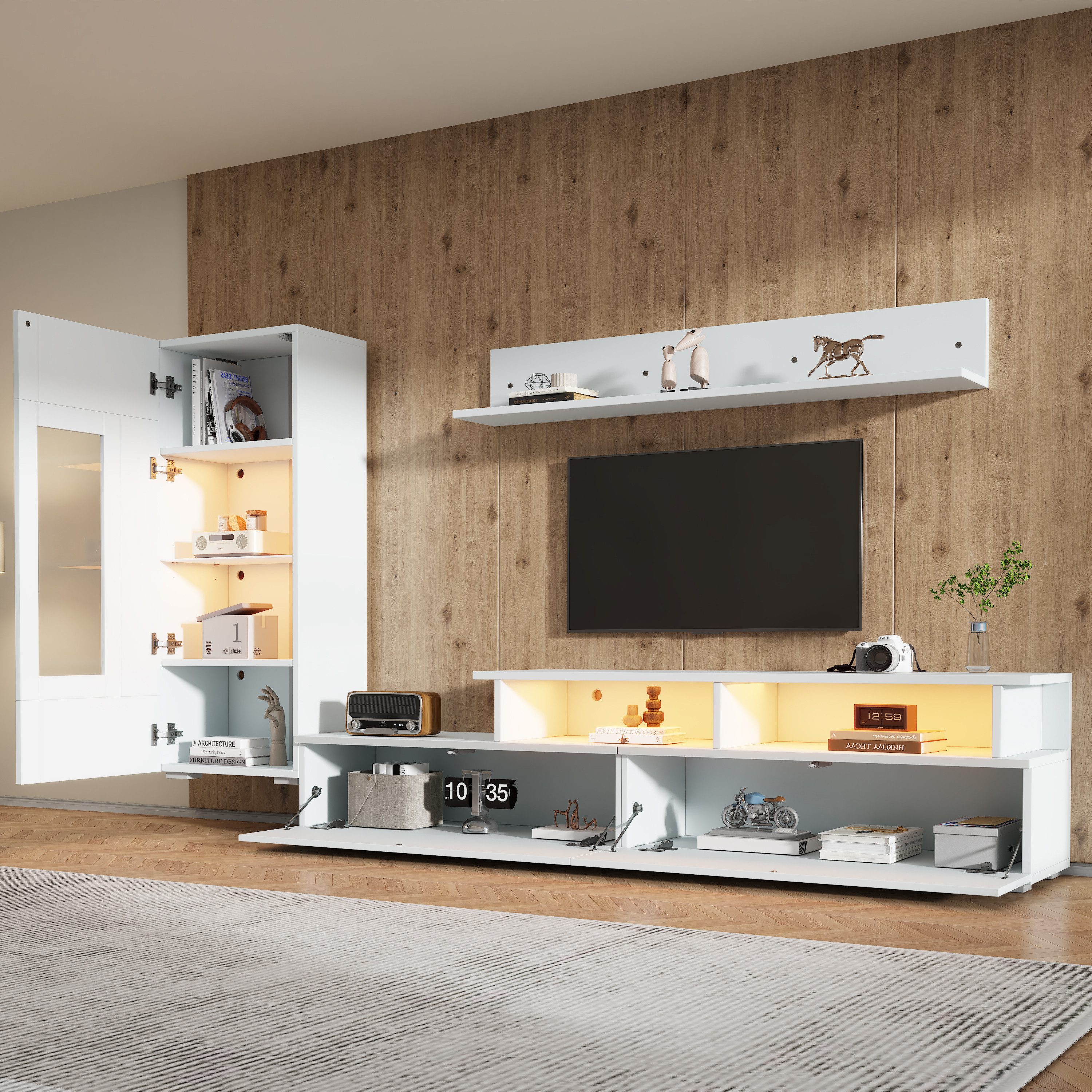 KLAM HOME Wohnwand 3-Teilige Wohnwand Set Mit LED Beleuchtung Und Hochglanz Front, (TV Schrank Vitrine Und Hängeregal Weiß Für TV Bis 75 Zoll), Modernes Wohnzim – Bild 5 von 5