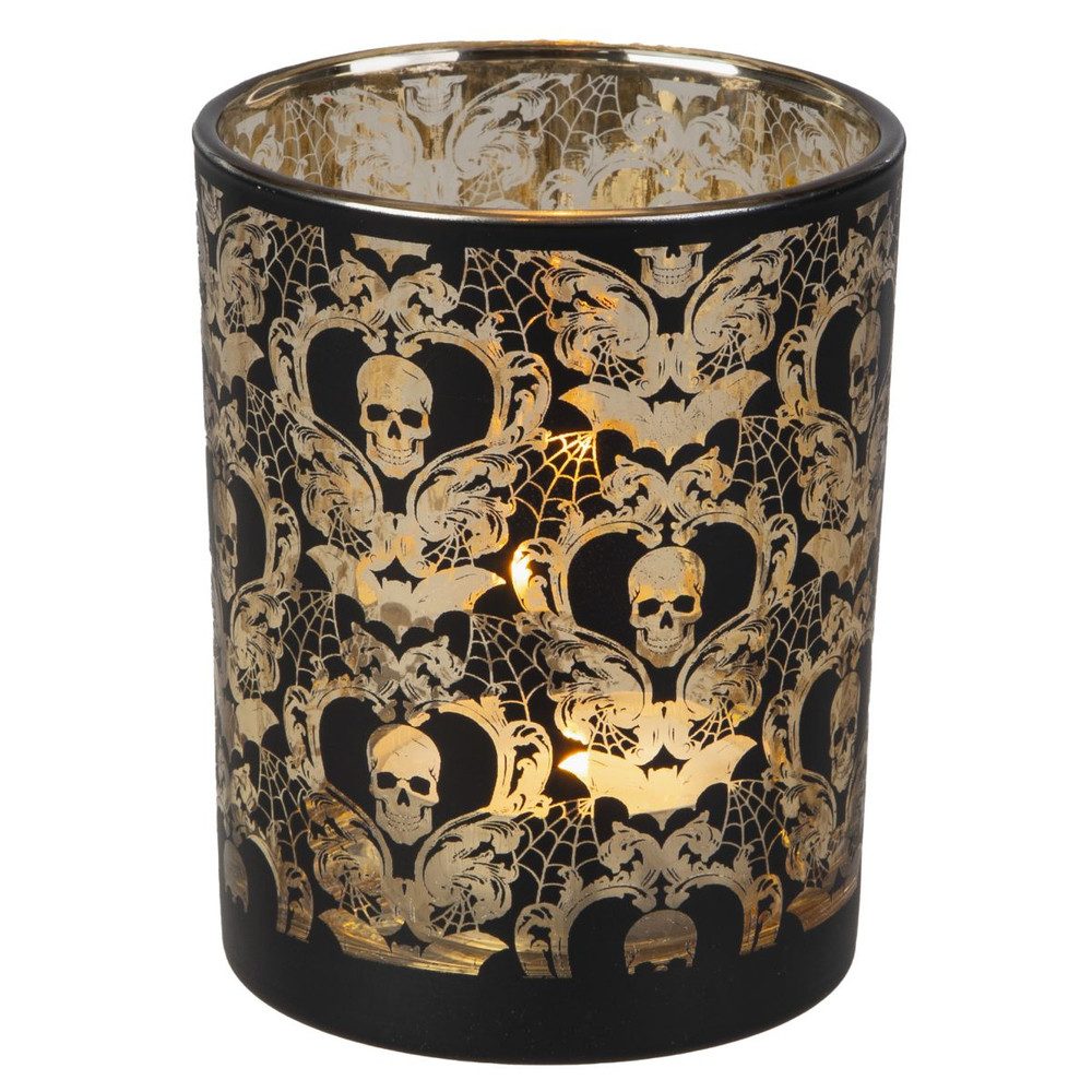 MICA Dekofigur Windlicht - Totenkopf schwarz/gold - ca. 10 x 12,5 cm