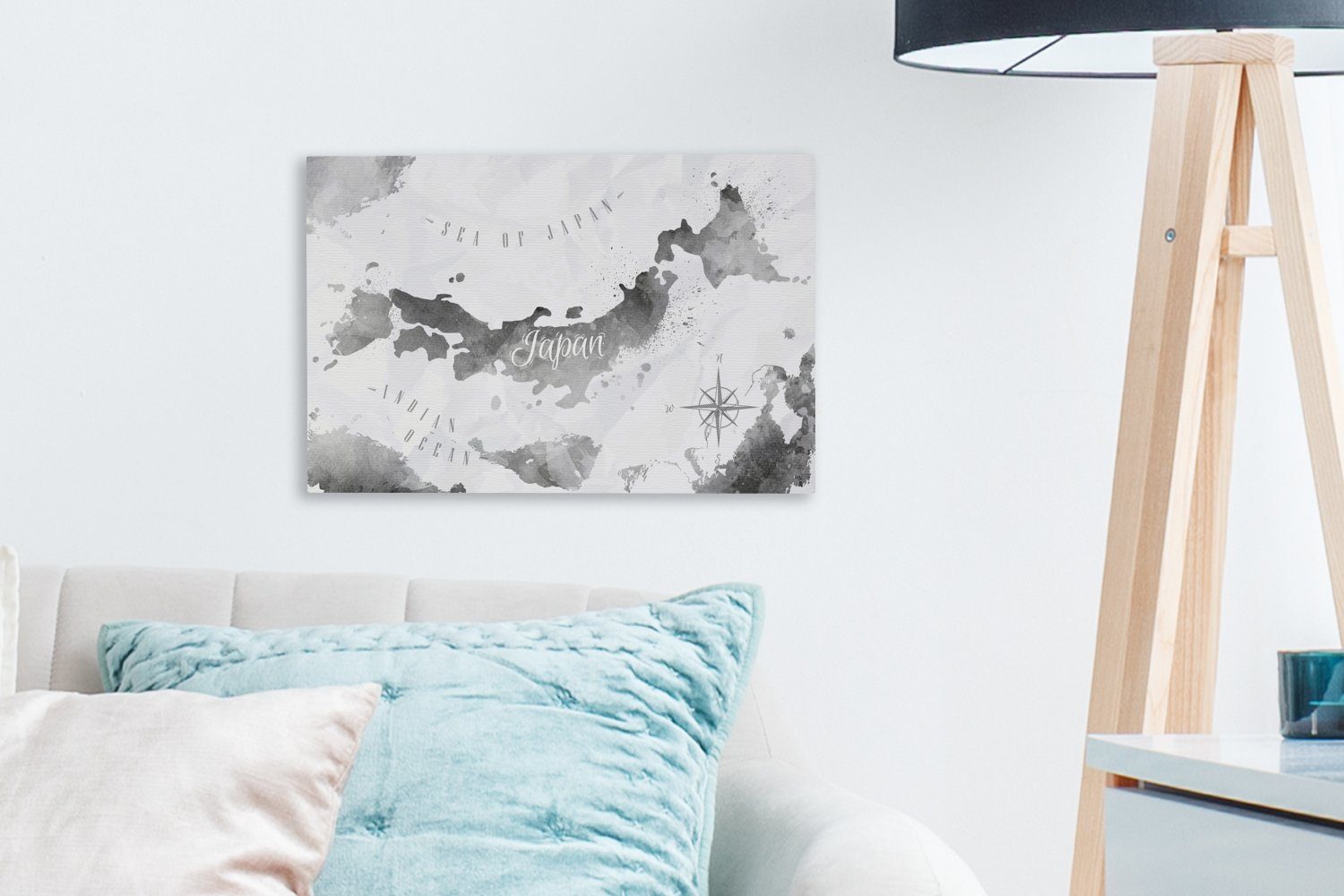 OneMillionCanvasses® Leinwandbild Karte - Japan 30x20 Wandbild (1 Aufhängefertig, Leinwandbilder, Wanddeko, - Ölfarbe, cm St)