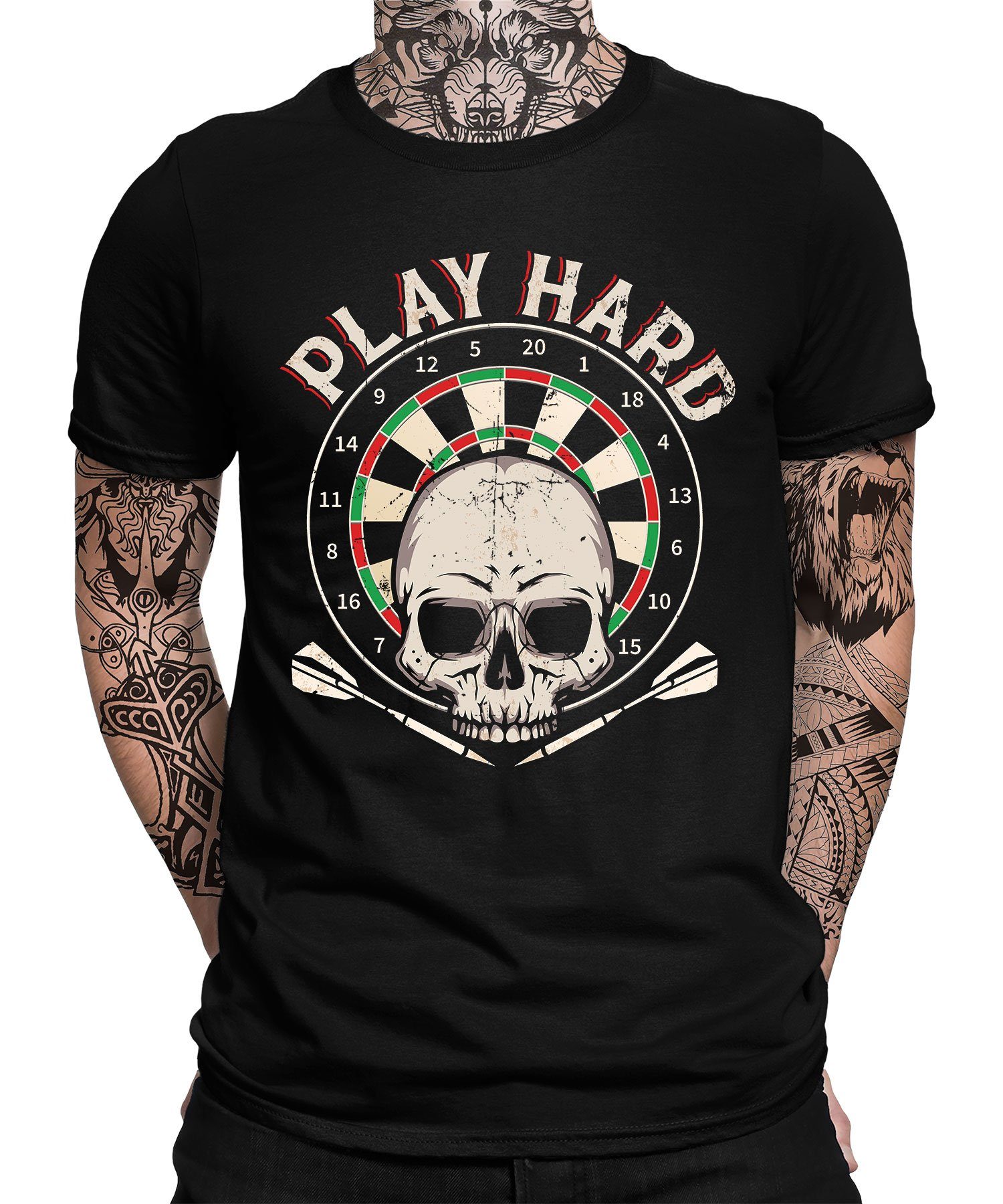 Quattro Formatee Kurzarmshirt Play Hard - Dart Dartscheibe Dartpfeil Dartspieler Herren T-Shirt (1-tlg) Schwarz | T-Shirts