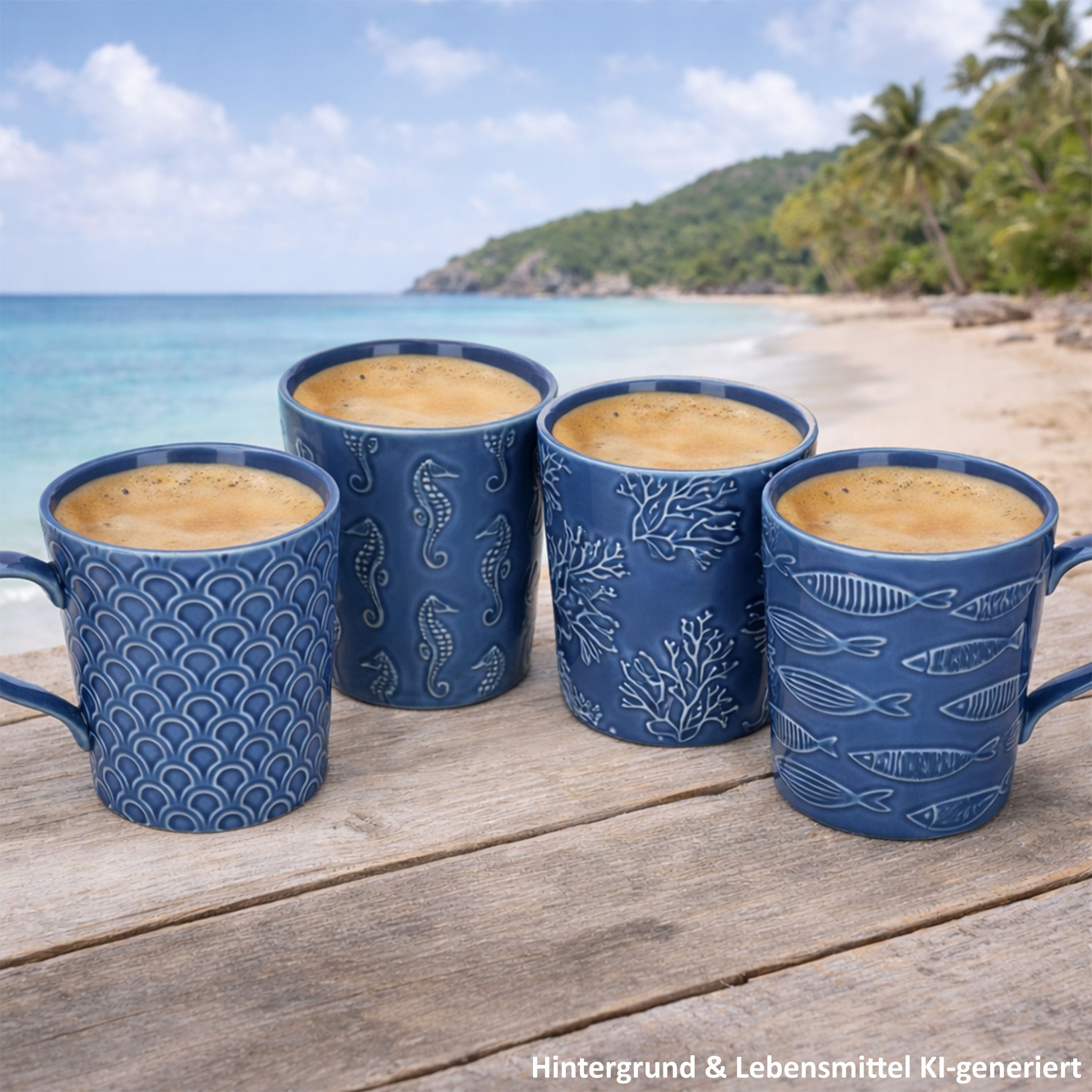 MamboCat Becher MamboCat Sea Life 4x Kaffeebecher Porzellan blau maritim Tee Kakao, Porzellan
