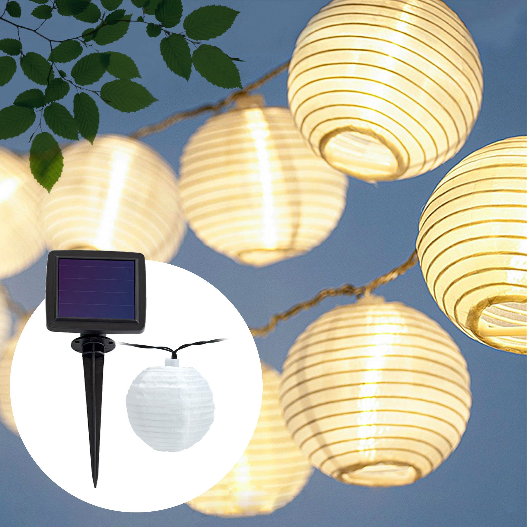 Casativo LED-Lichterkette Solar LED-Lampion-Lichterkette warmweiß 20 Lampions 3,8m IP44, 20 wetterfeste Nylon-Lampions Ø7,5 cm/Dämmerungssensor