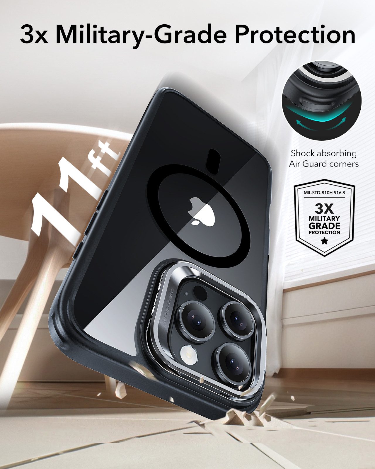 ESR Handyhülle Classic Hybrid HaloLock Case mit Stash Stand iPhone 16 Pro 6,3", Vielseitiger 3-Modi-Ständer, Kratzfeste Rückseite