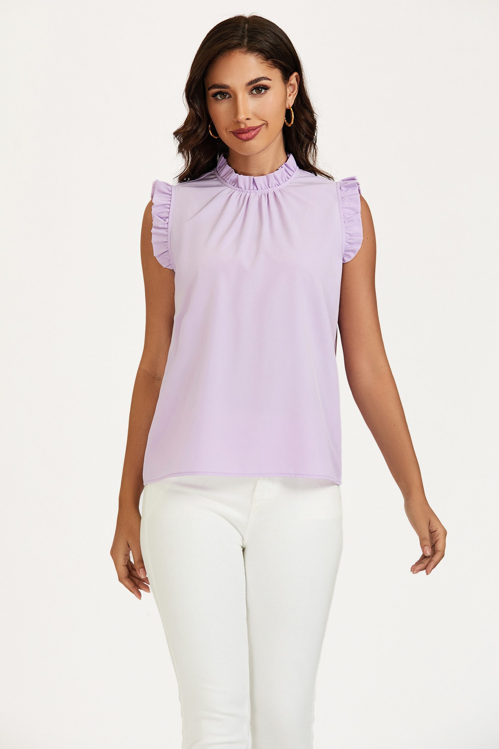 FS Collection Blusentop Damen Blusentop ärmellos mit Rüschenkragen elegante Sommerbluse Rüschenkragen und Rüschenbesatz an den Schultern – Bild 4 von 5