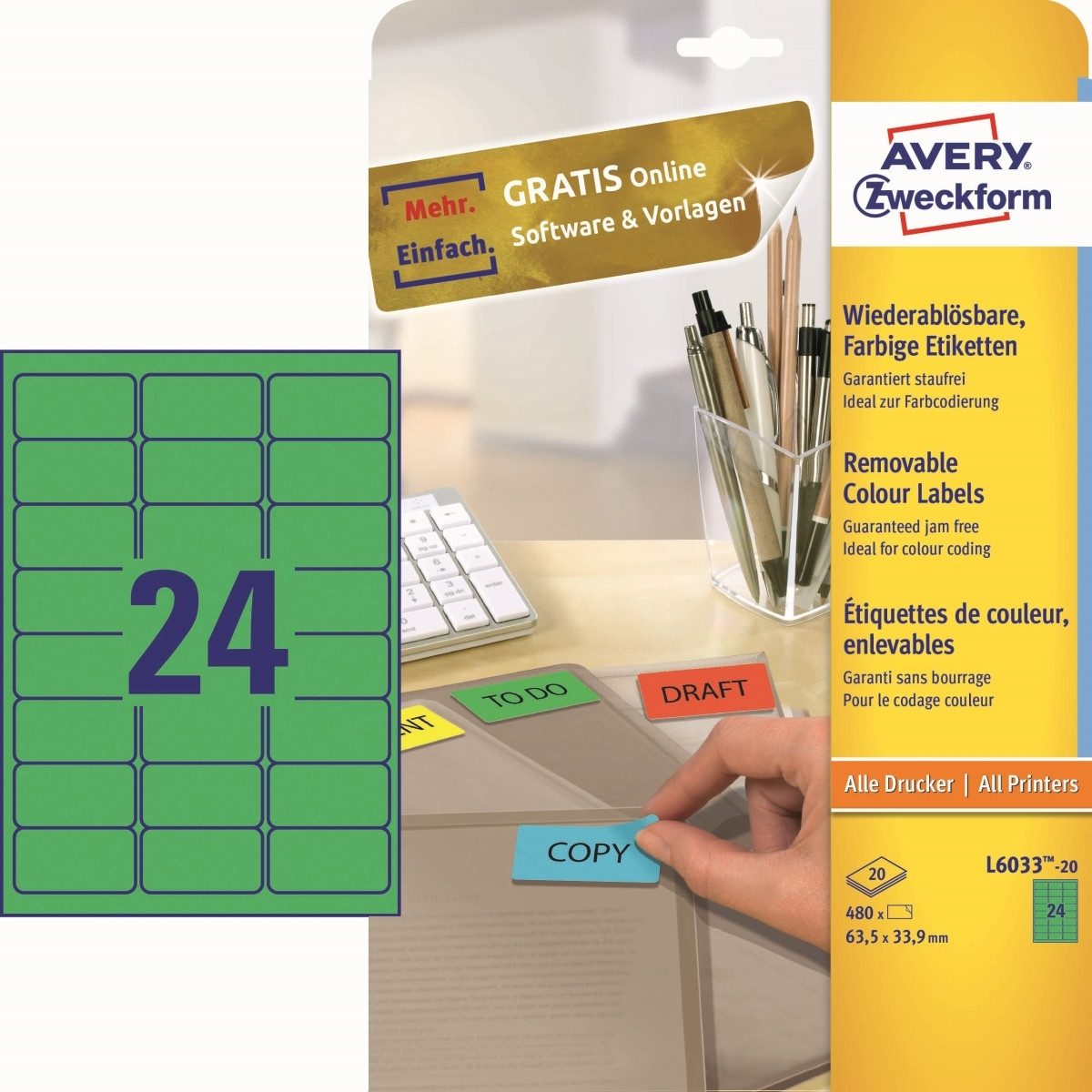 Avery Zweckform Etiketten Etiketten Inkjet/Laser/Kopier 63,5x33,9mm grün VE=480 Stück