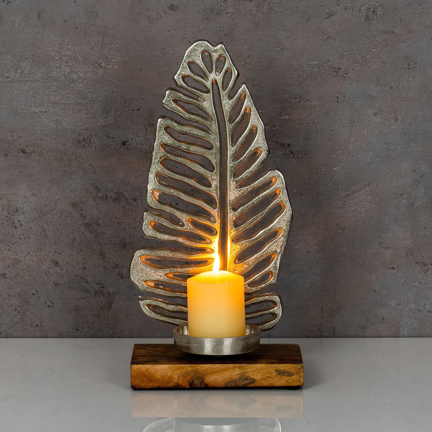 Levandeo® Kerzenständer, Kerzenständer 35cm Tischdeko Holz Kerzenhalter Silber Mango Blatt