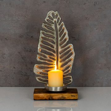Levandeo® Kerzenständer, Kerzenständer 35cm Kerzenhalter Mango Holz Blatt Silber Tischdeko