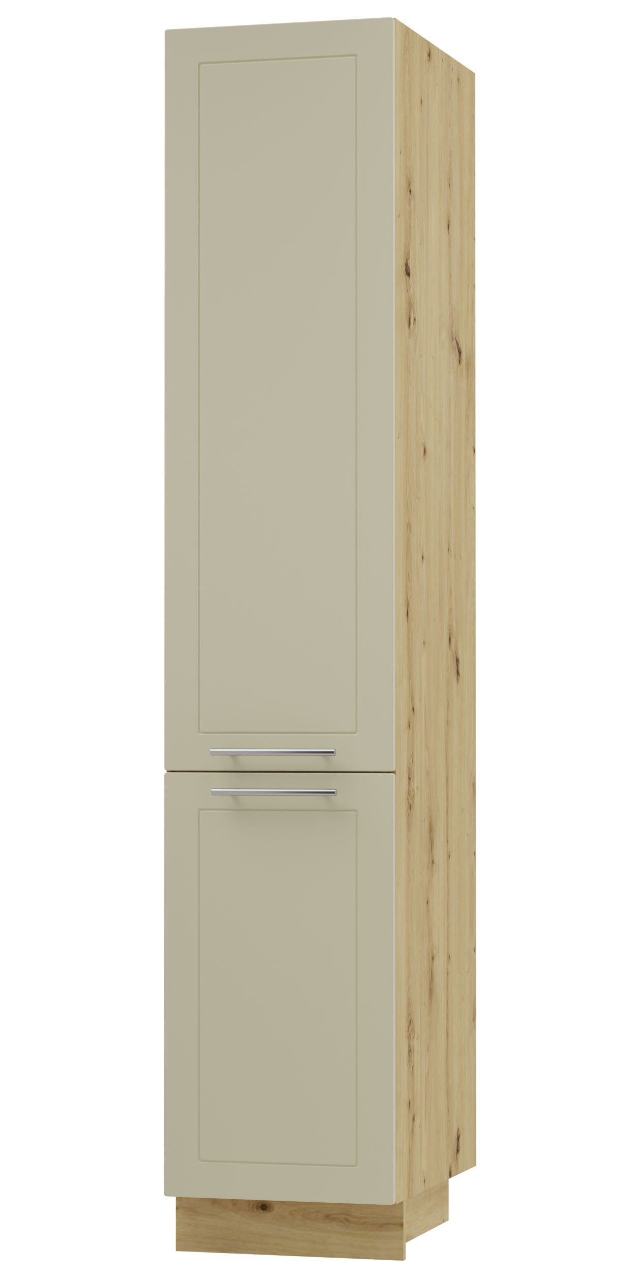 Feldmann-Wohnen Apothekerschrank Kvantum (Türscharniere mit Soft-Close-Funktion, 1 Schublade mit Metallkorb, 1-St., Fronten mit dekorativen Fräsungen und leicht abgerundeten Ecken) 40x59x207cm eiche artisan - vanille (Q-2D14K/40/kargo)