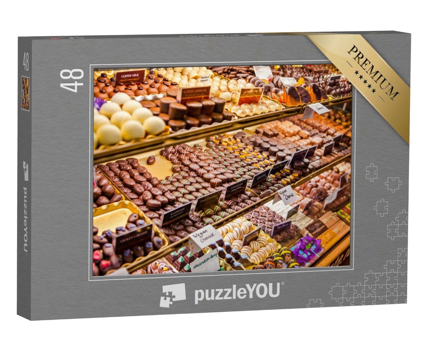 puzzleYOU Puzzle Schokopralinen auf dem englischen Markt, Irland, 48 Puzzleteile, puzzleYOU-Kollektionen Brüssel, Europäische Städte