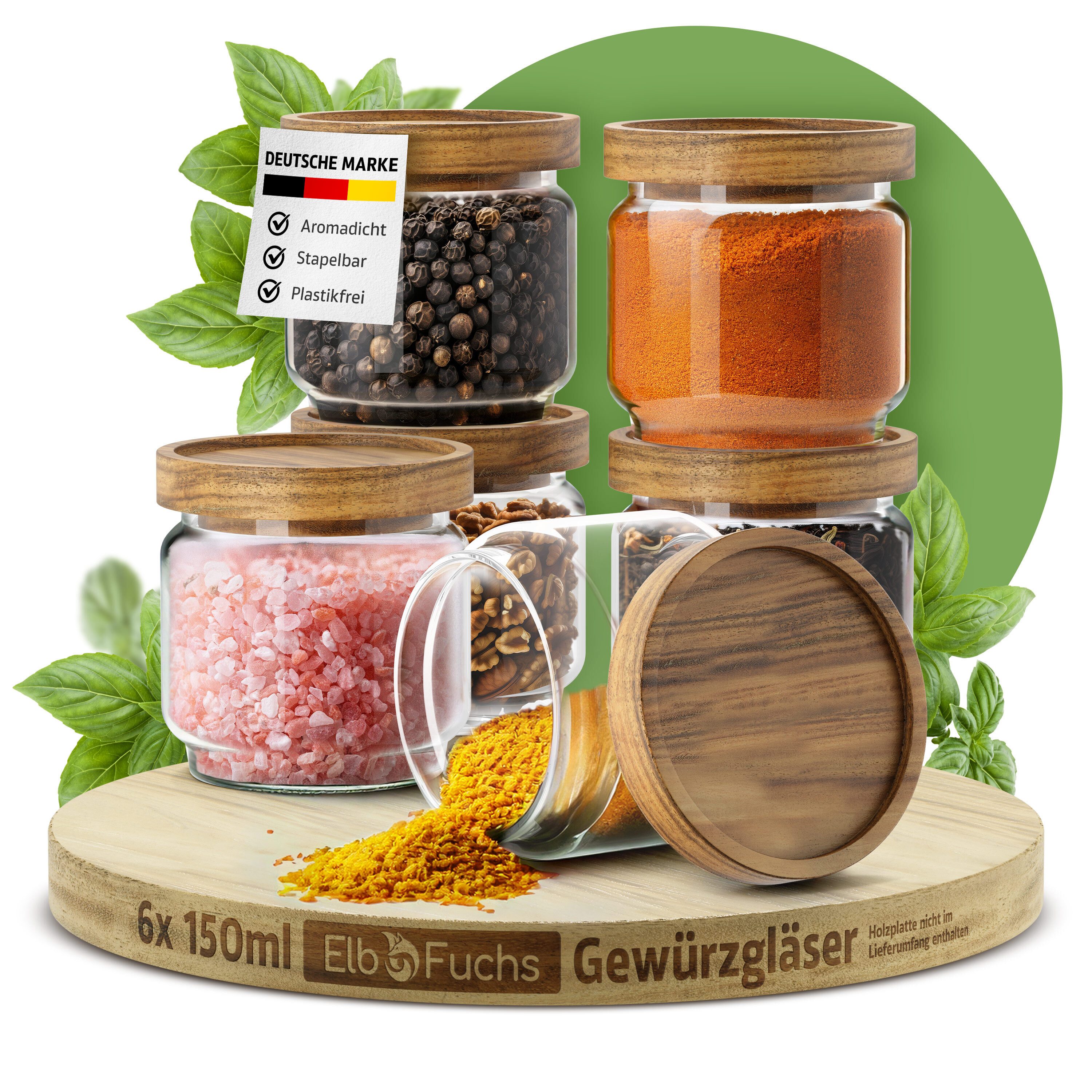 ElbFuchs Vorratsglas mit Holzdeckel, luftdicht schließend, Borosilikatglas, (Set, 6-tlg., 150 ml), BPA-FREI & MOTTENSICHER
