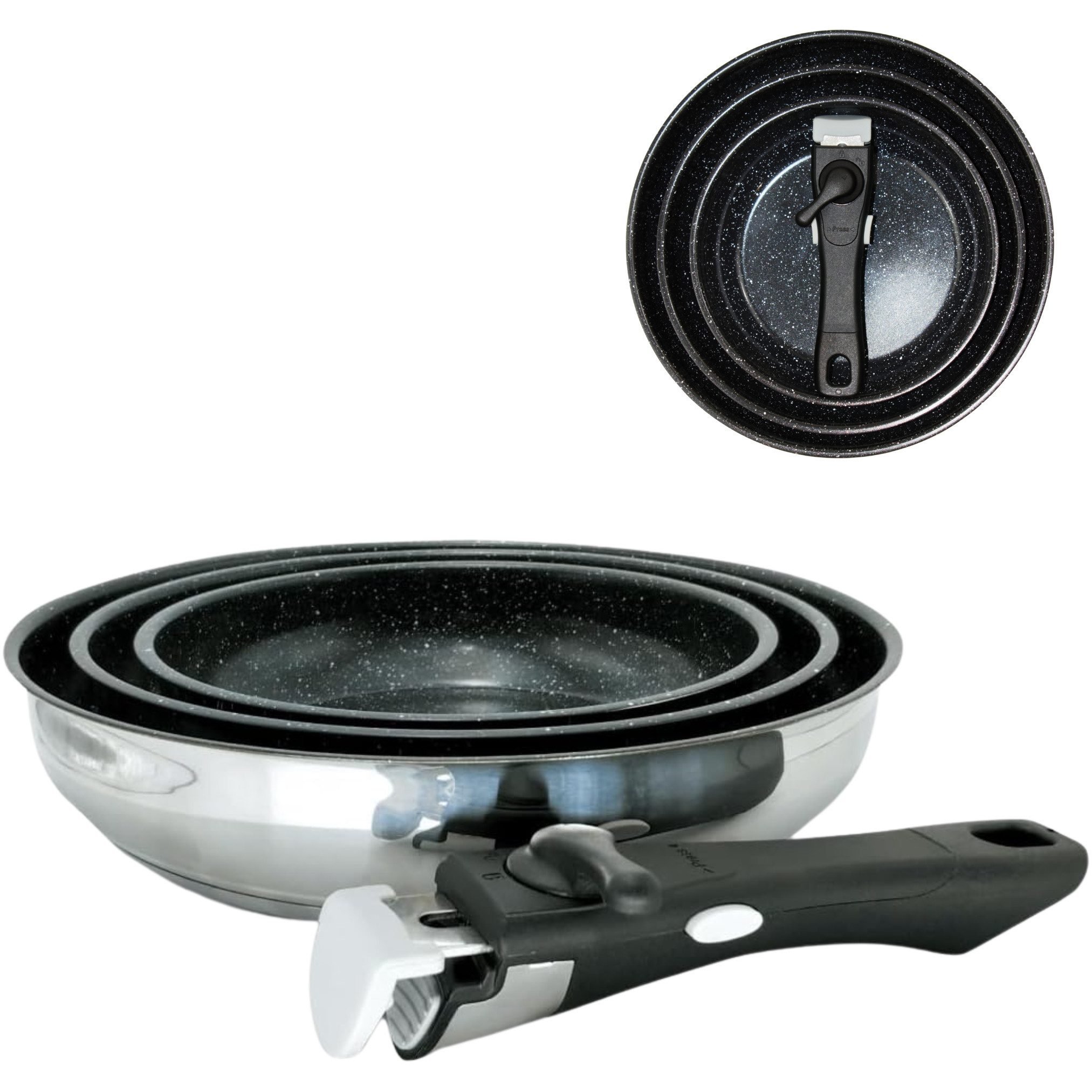 Venteo Pfannen-Set Kitchenpro Pan Inox Pro, Edelstahl (Set, 4-tlg., 3er Set), Pfannen aus Edelstahl mit abnehmbarem Griff & Keramikbeschichtung