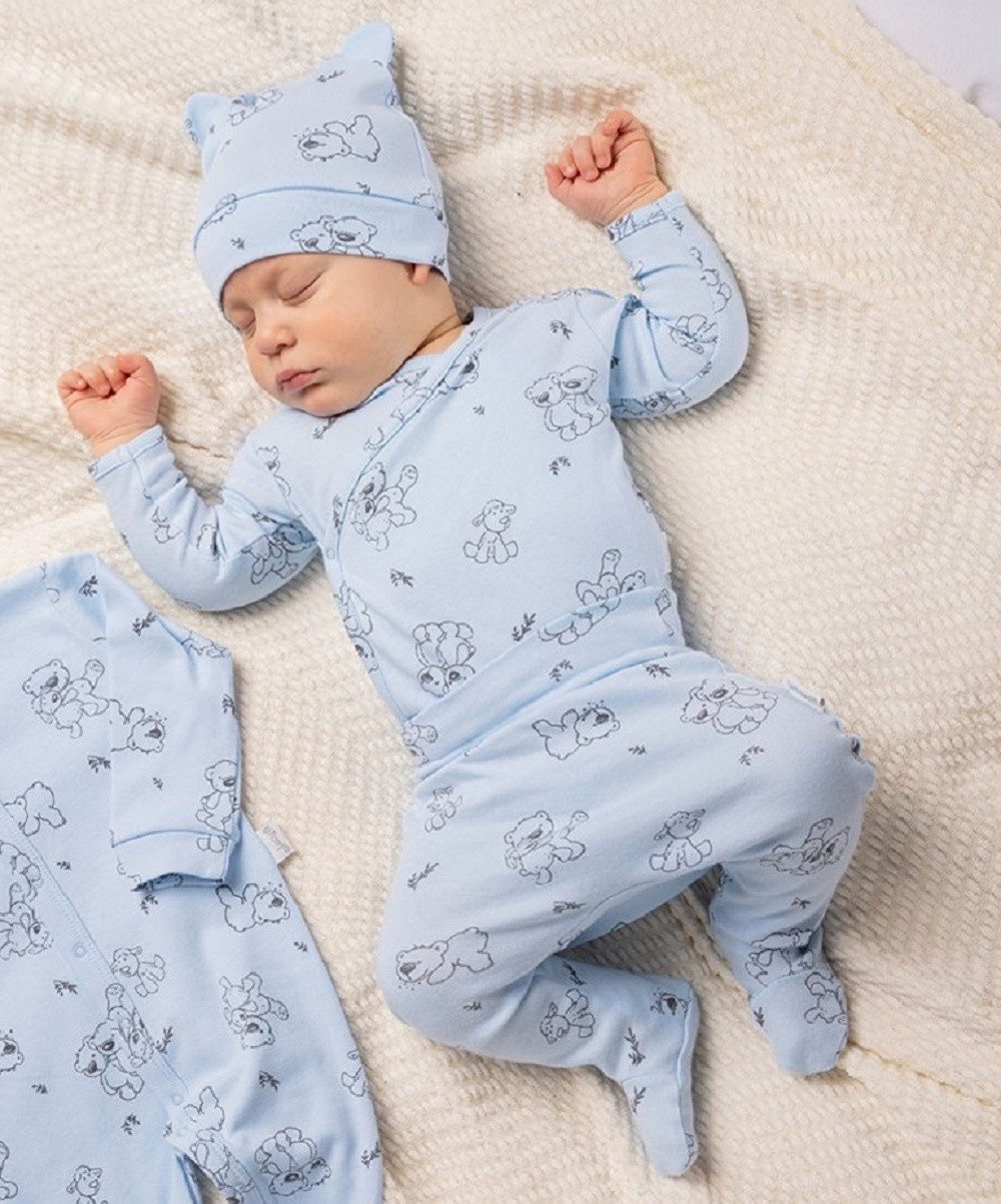 hopsibaby Neugeborenen-Geschenkset Babypaket Babykleidung Erstausstattung Blau Gr.62 Baby-Set Baumwolle (Packung, 4-tlg., Strampler, Body, Mütze, Babyhose) Verpackt in einer schönen Schachtel