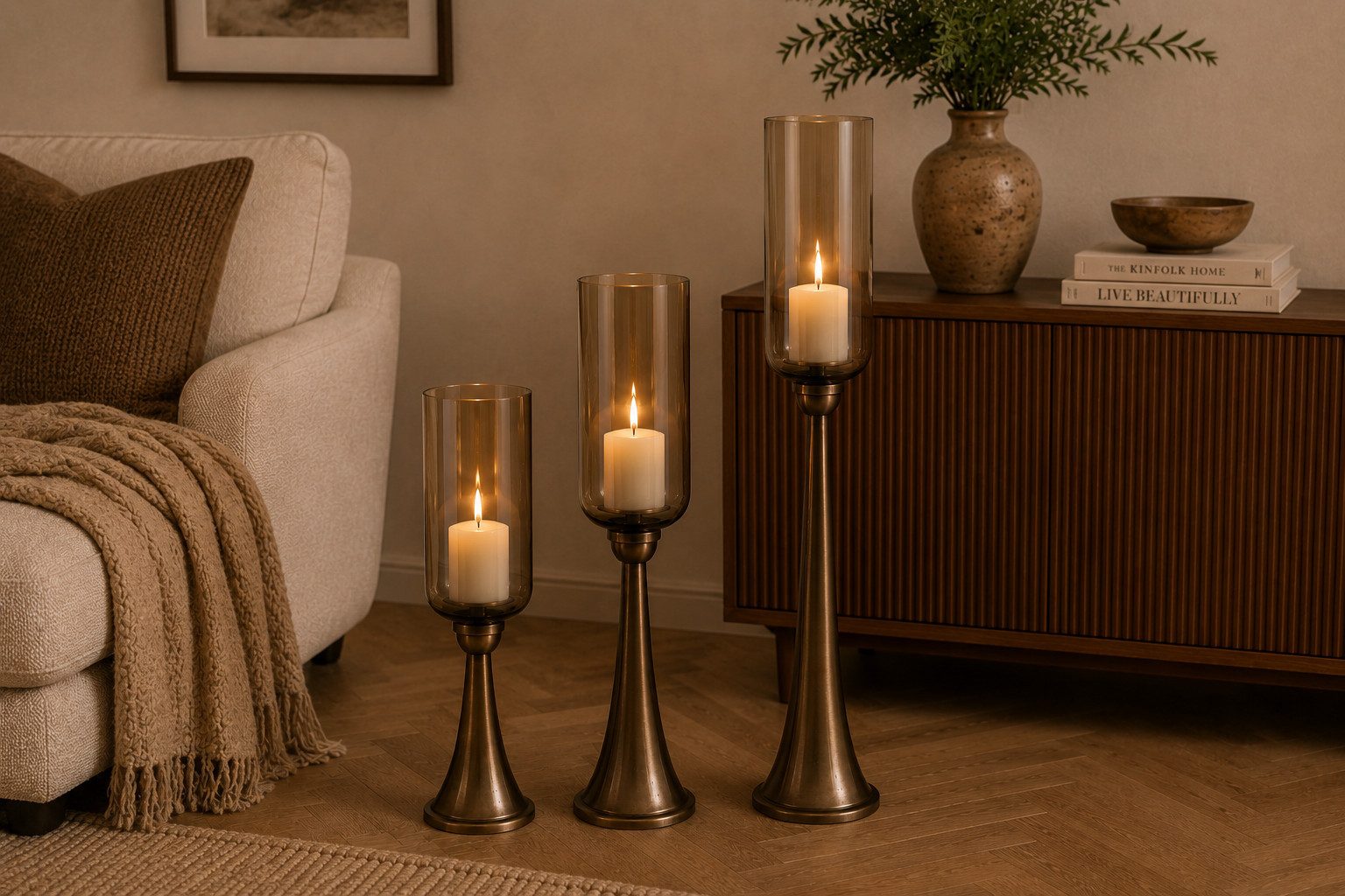 finehomegarden Bodenwindlicht Kerzenständer Säule Bronze mit Glas Hurricane Windlicht Metall & Glas (Stück, 1 St), H110cm Boden-Kerzenhalter für Wohnzimmer, Flur & Eventdekoration