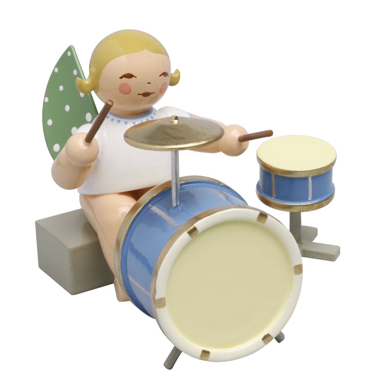 Wendt & Kühn Weihnachtsfigur Engel mit Zweiteiligem Schlagzeug Sitzend 650/44a, Haarfarbe zufällig blond oder braunhaarig
