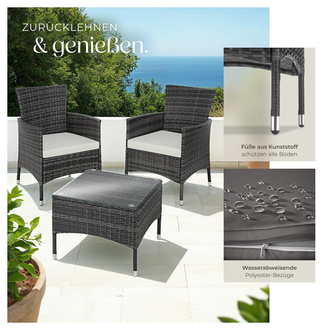 tectake Sitzgruppe Rattan Gartenset für 2 Personen, 2 Bezugssets, (Loungeset Luzern, 5-tlg., für Außen in Grau), widerstandsfähig, UV-beständig, mit Sicherheits – Bild 4 von 5