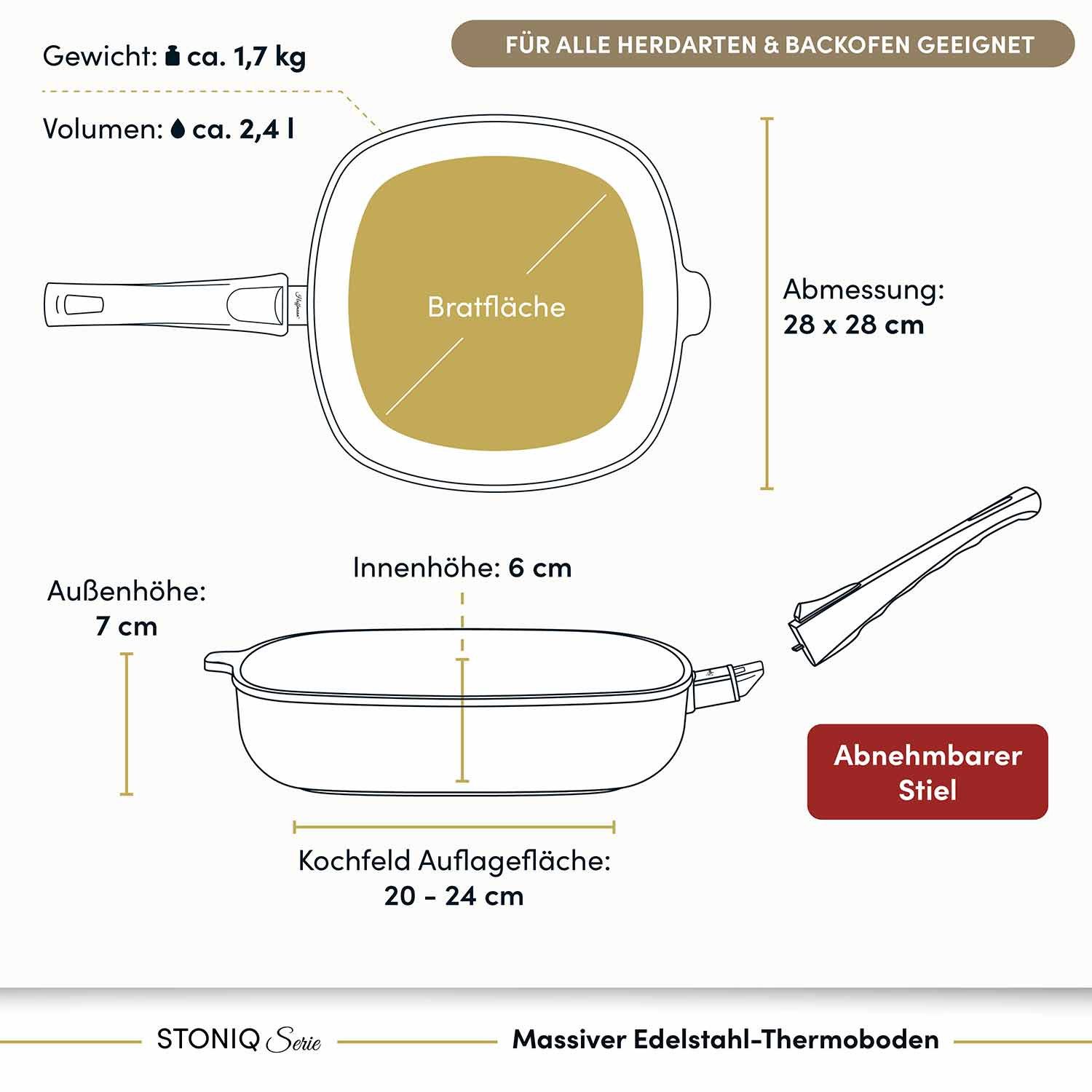 Hoffmann Germany Bratpfanne STONIQ Viereckpfanne 28×28 cm PFAS-frei – Made in Germany, Aluguss (1-tlg., 1x Viereckpfanne 28×28 cm), IQ-SHIELD, Induktion, abnehmb. Griff, backofenfest 300°C, 2,4 l