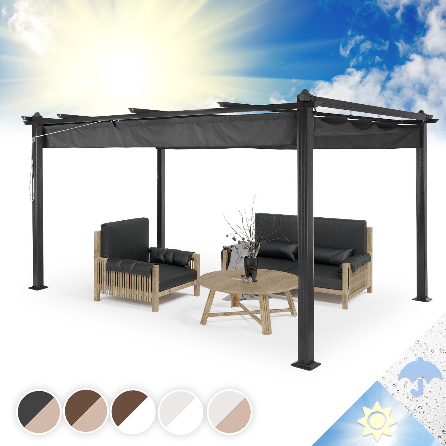 blumfeldt Pavillon Pantheon 3x4 Pergola 3x4 m Aluminium Polyester PU UV 200g/m² grau, (Set), Terrassenüberdachung Grillpavillon Gartenpavillon Sonnenschutz