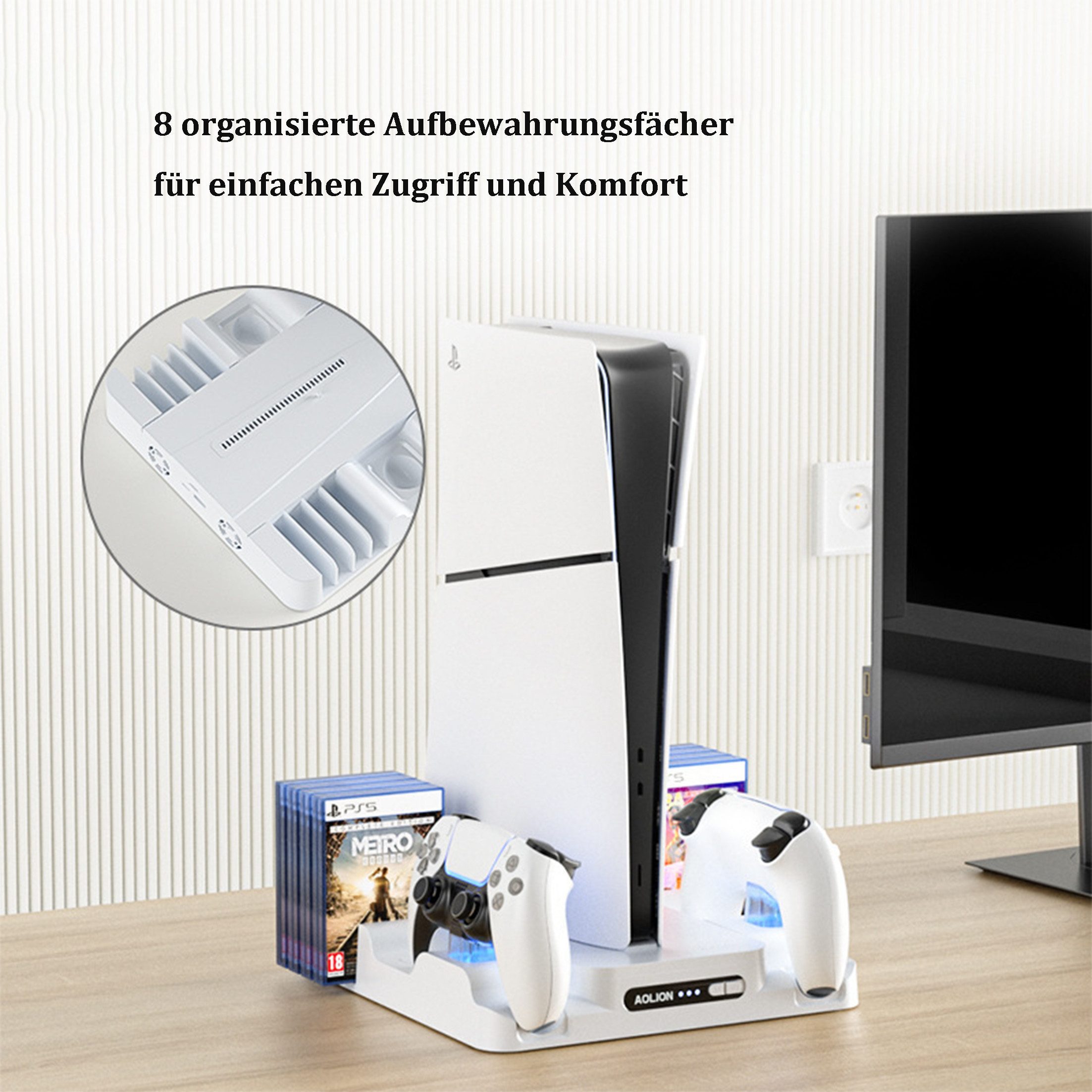 KINSI Ladestation für PS5,2 Controller-Docks & Kühlventilator Konsolen-Ladestation (Ständer mit 8 Spiel-Fächern & 2 USB-Ladeports)