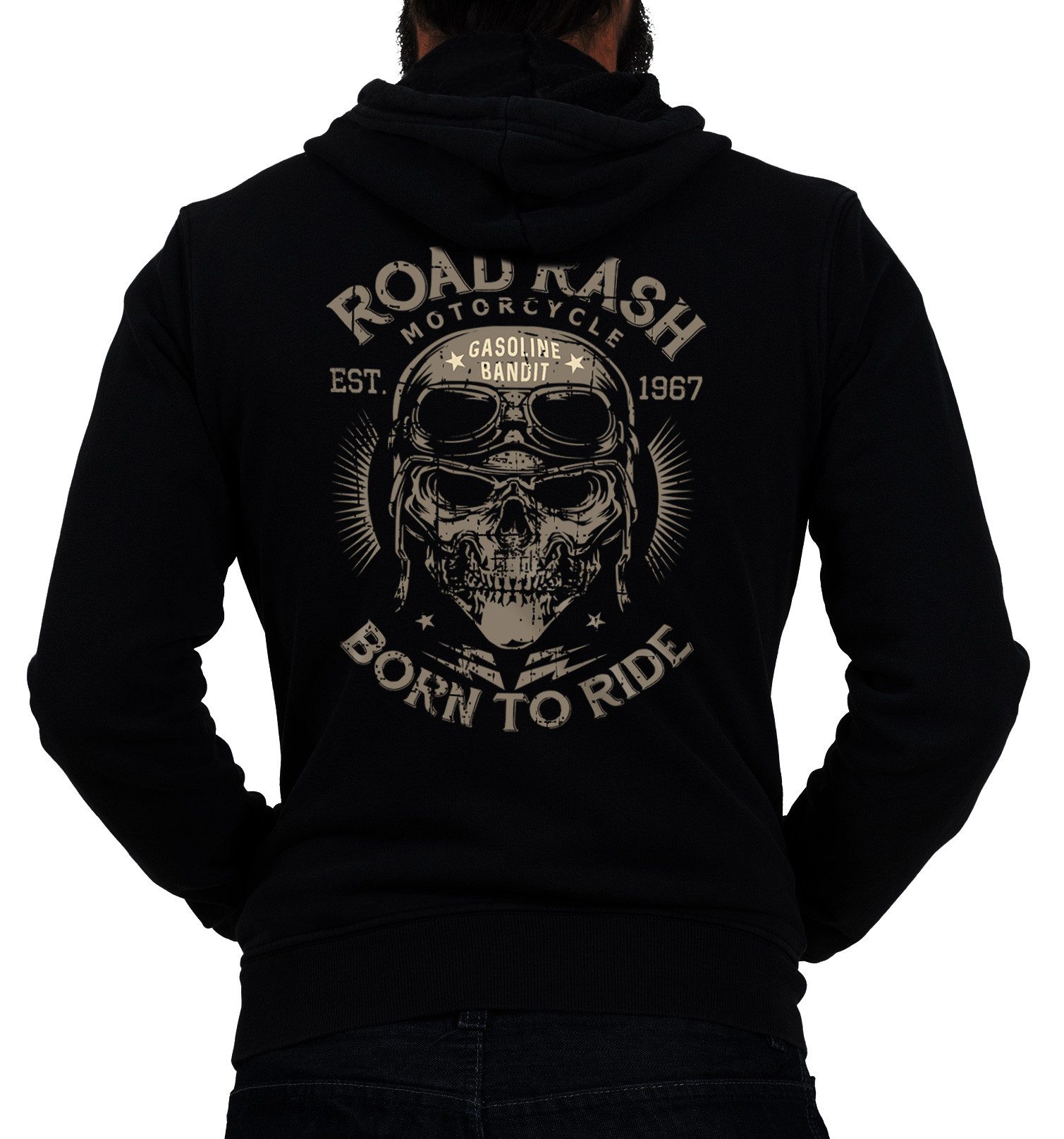 GASOLINE BANDIT® Kapuzensweatjacke für Motorradfahrer und Oldtimer Fans: Road Rash - Born to Ride