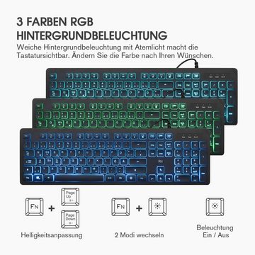 Rii 3 LED Hintergrundbeleuchtung Tastatur- und Maus-Set, QWERTZ (DE-Layout),Ergonomisch mit 105 Tasten,19 Tasten Anti-Ghosting