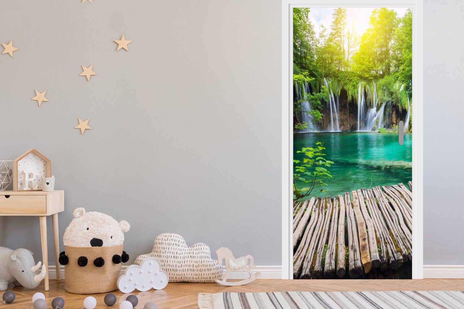 - Natur, (1 Tür, Fototapete für 75x205 Wasserfall Brücke Matt, St), - Türaufkleber, Türtapete MuchoWow cm bedruckt,