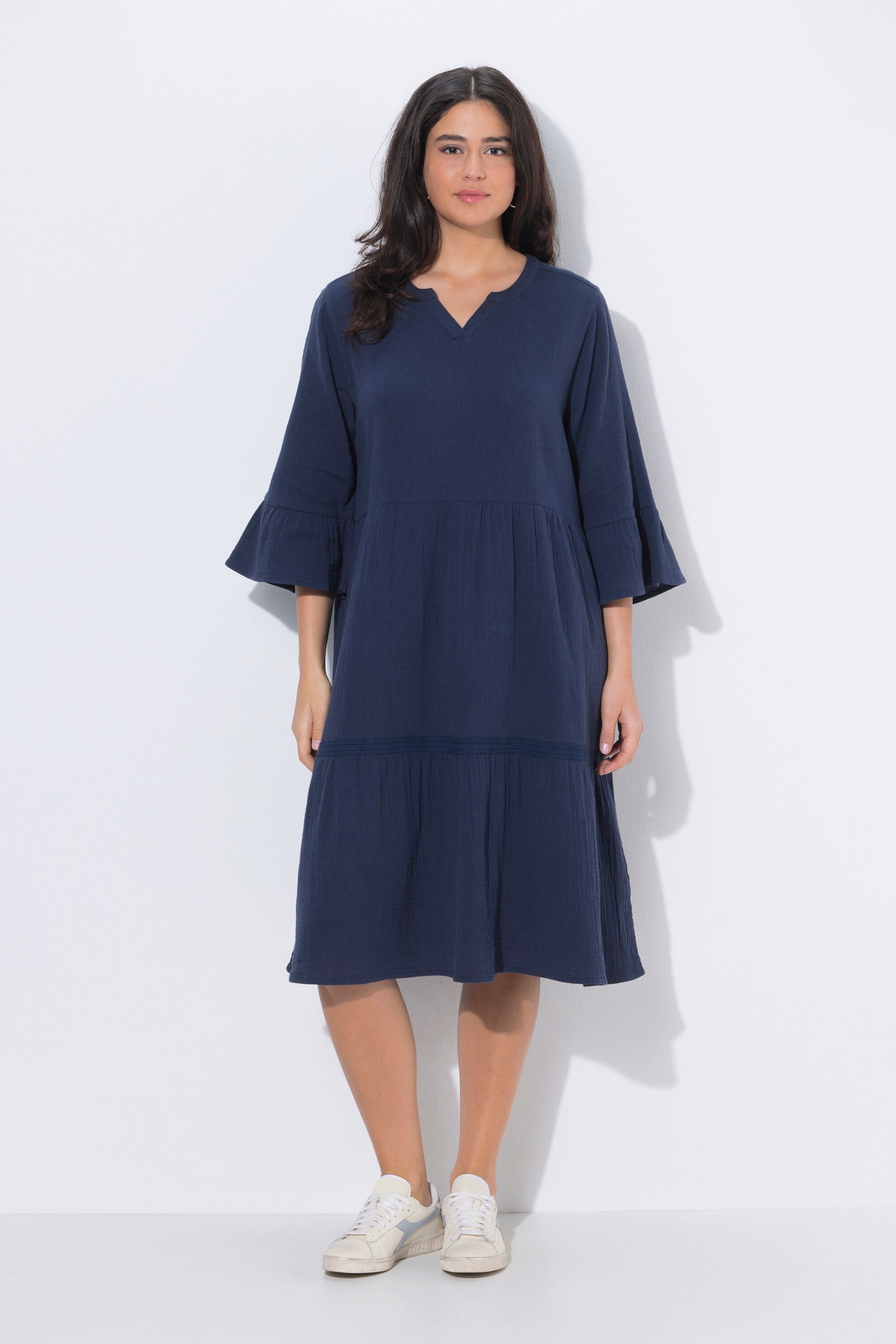 Ulla Popken Jerseykleid Musselin-Midikleid A-Linie Tunika-Ausschnitt