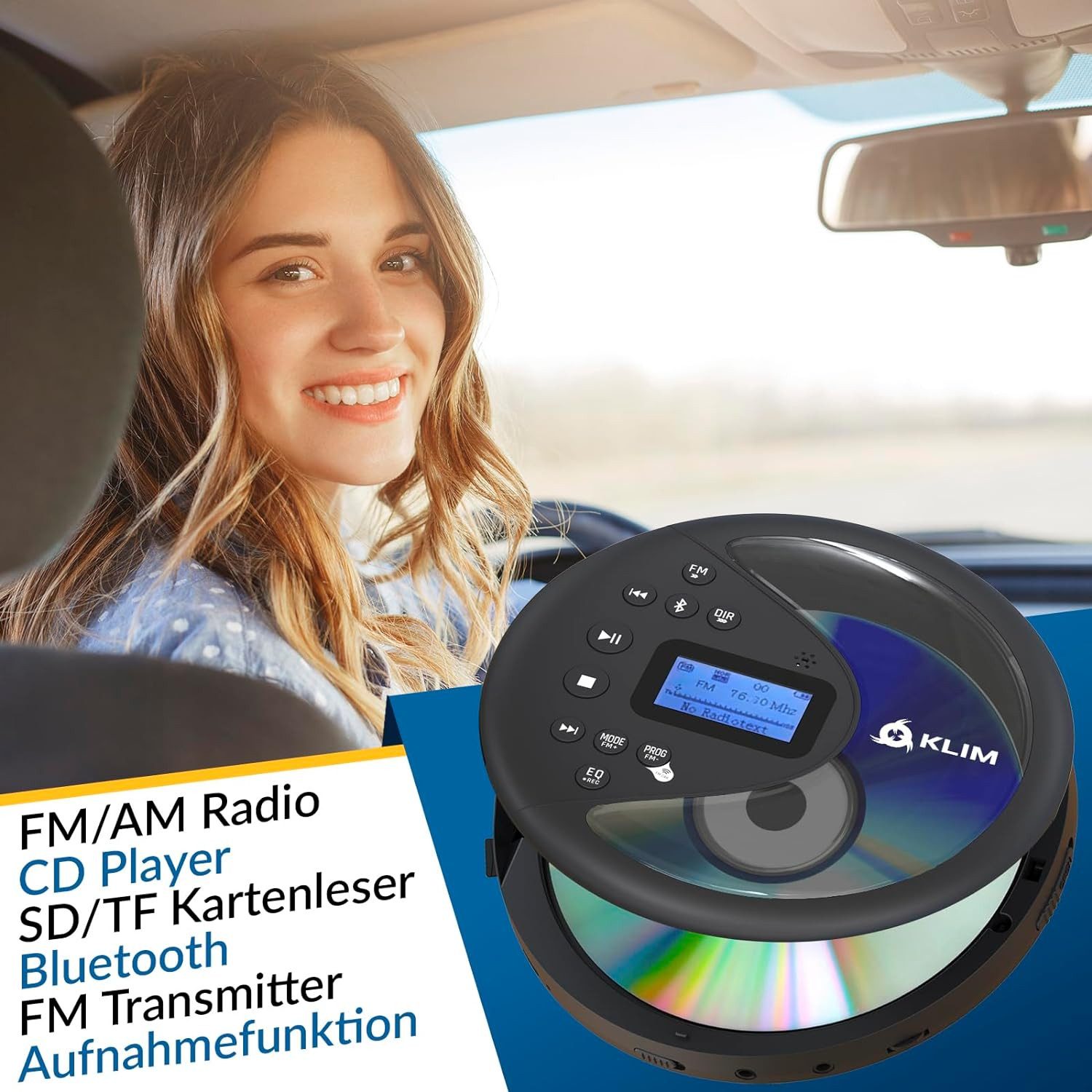 KLIM Discover Stereo-CD Player (Discman, Walkman, mit Kopfhörern, FM Radio, Bluetooth, FM Transmitter)