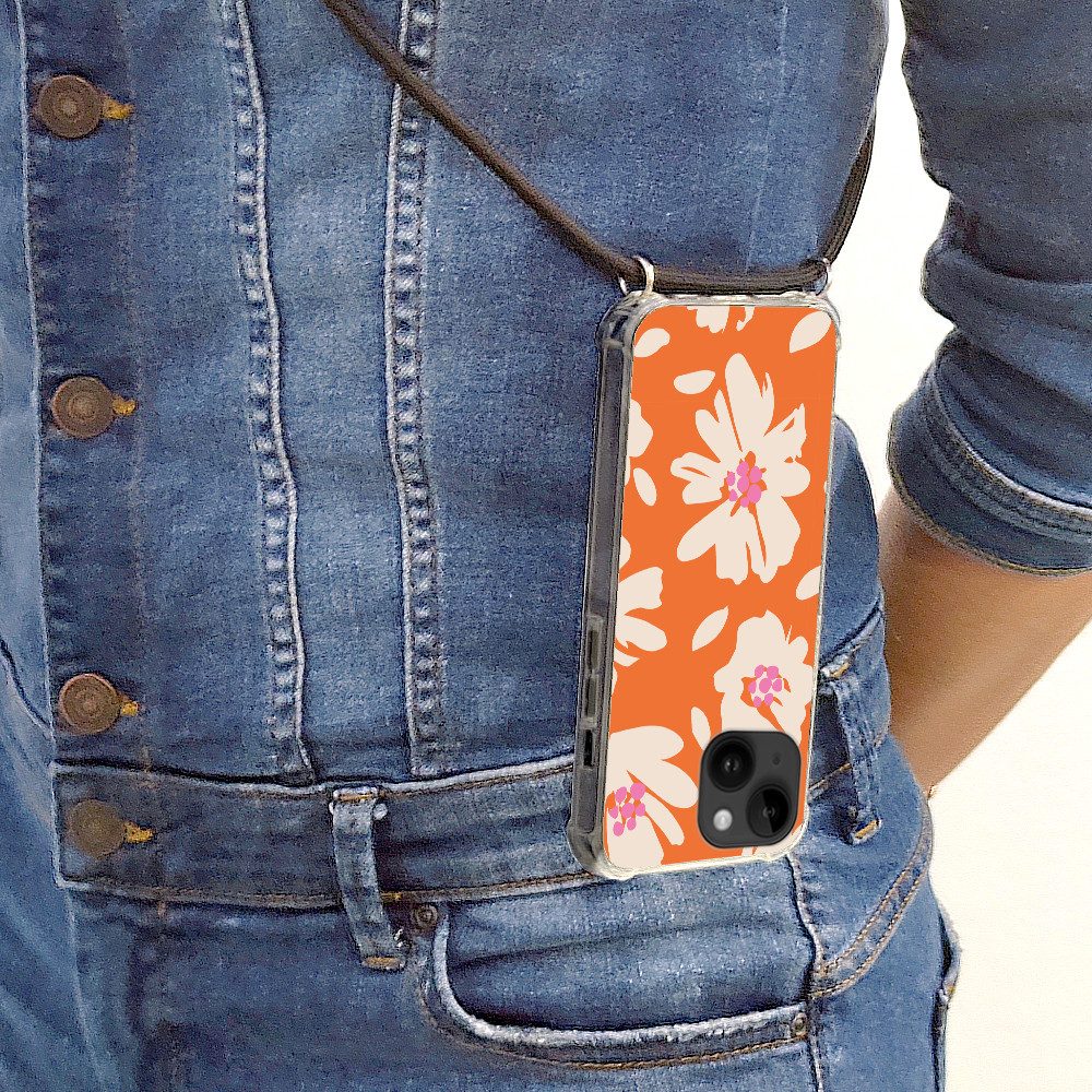 MuchoWow Handyhülle für Apple iPhone 14 Blumen - Orange - Beige - Rosa - Abstrakt, Tragbare Handyhüllen mit Kette zum umhängen, Handykette Handyband