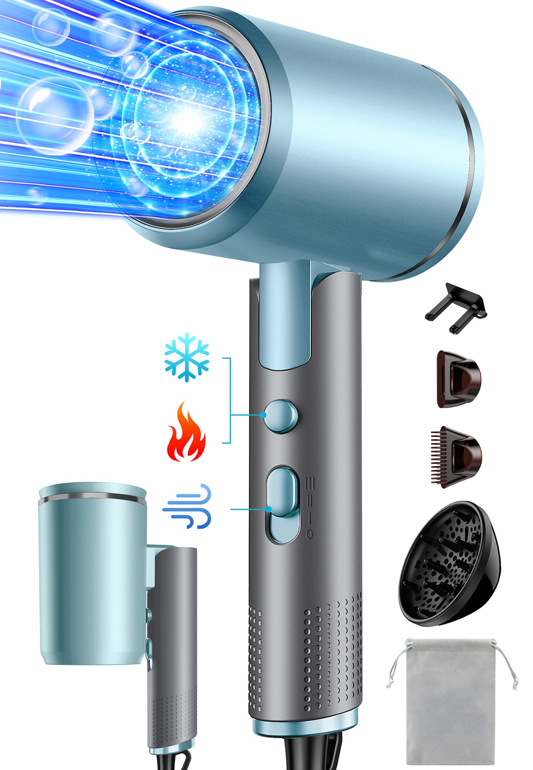 Fyrove Ionic-Haartrockner Föhn,Ionen-Haartrockner 2500W, klappbar, 3 Stylingdüsen, 2400 W, 2 Gebläsestufen, Reise-Föhn, Reiseföhn Hairdryer