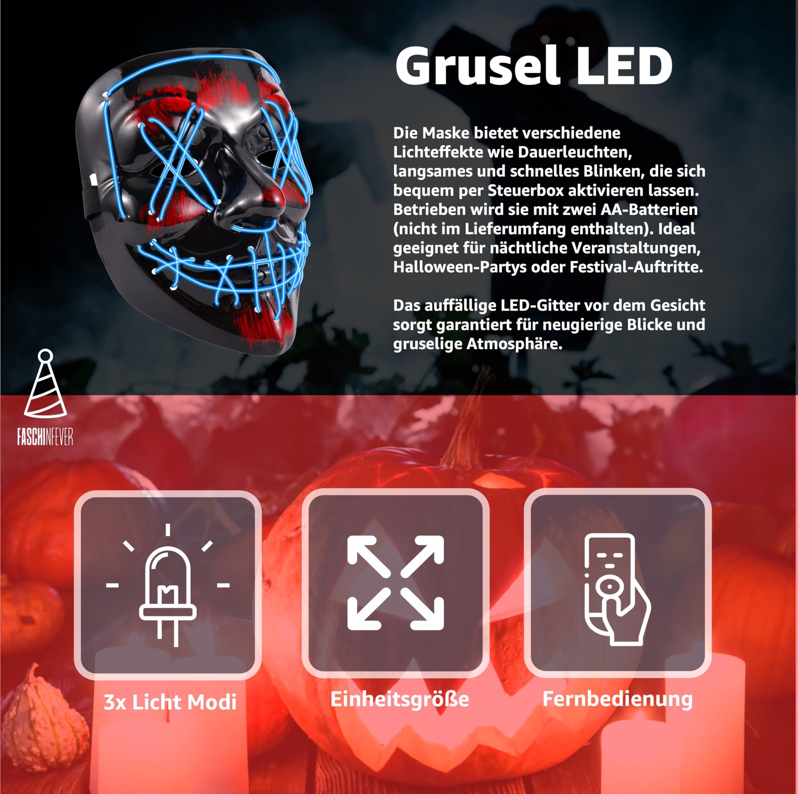 FASCHINFEVER Verkleidungsmaske LED Purge Maske - Halloween Kostüm Herren Halloween Maske, (Packung), mit Lichteffekten
