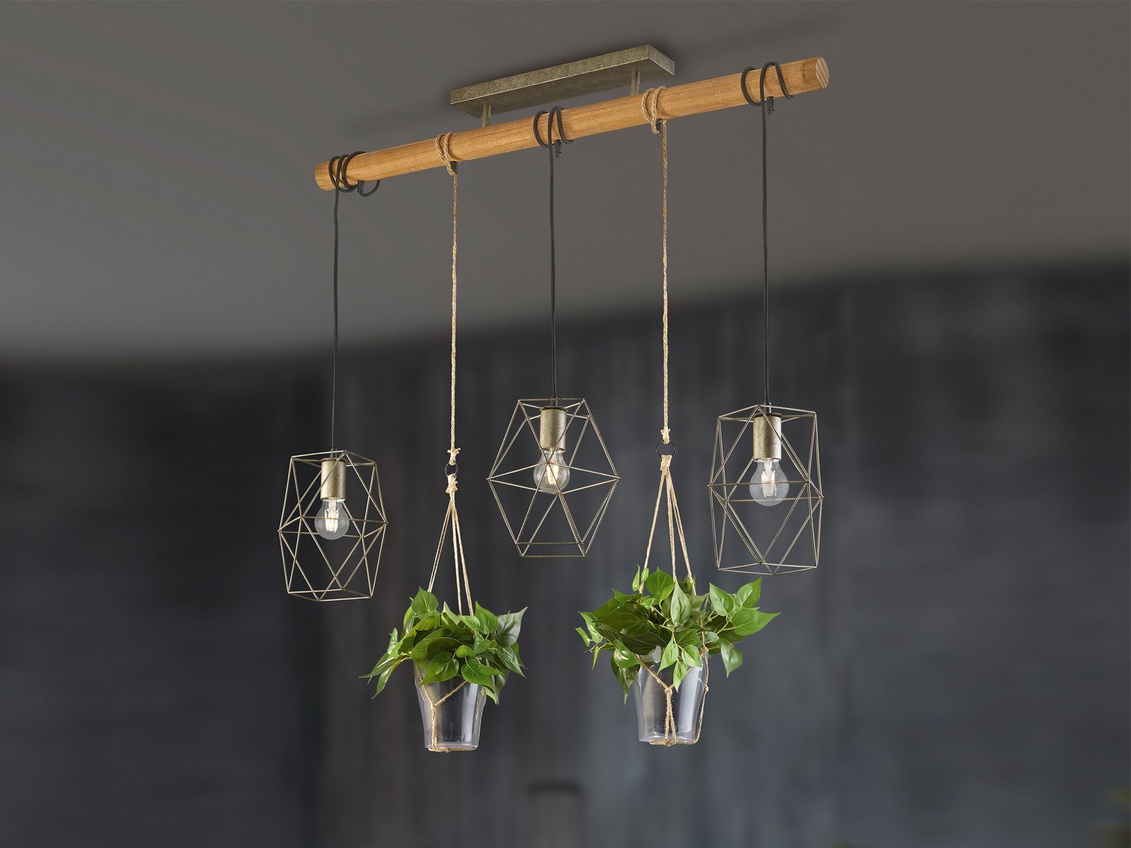 TRIO Leuchten LED Pendelleuchte, LED wechselbar, Warmweiß, Holz-lampen hängend über Esstisch-lampe Blumentopf Natur, Breite 115cm