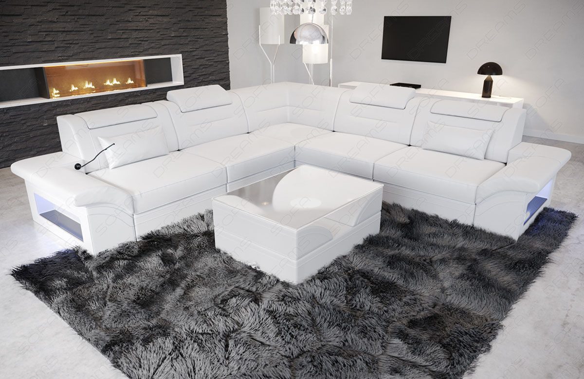 Sofa Dreams Ecksofa Brianza L Form Mini Leder, 4-Sitzer, LED-Beleuchtung, mehrere Farbkombinationen, USB, Kopfstützen