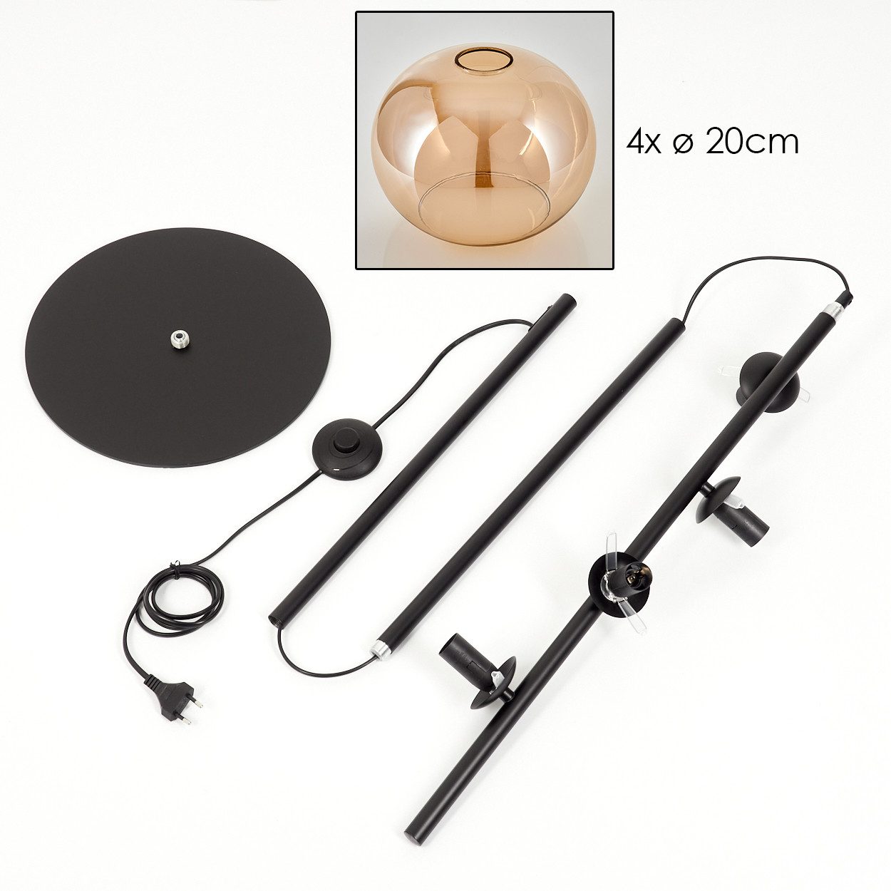 hofstein Stehlampe Stehlampe aus Metall/Glas in Schwarz/Bernsteinfarben mit Fußschalter, ohne Leuchtmittel, Stehleuchte im Retro/Vintage-Design mit Glasschirmen (20 cm), E14