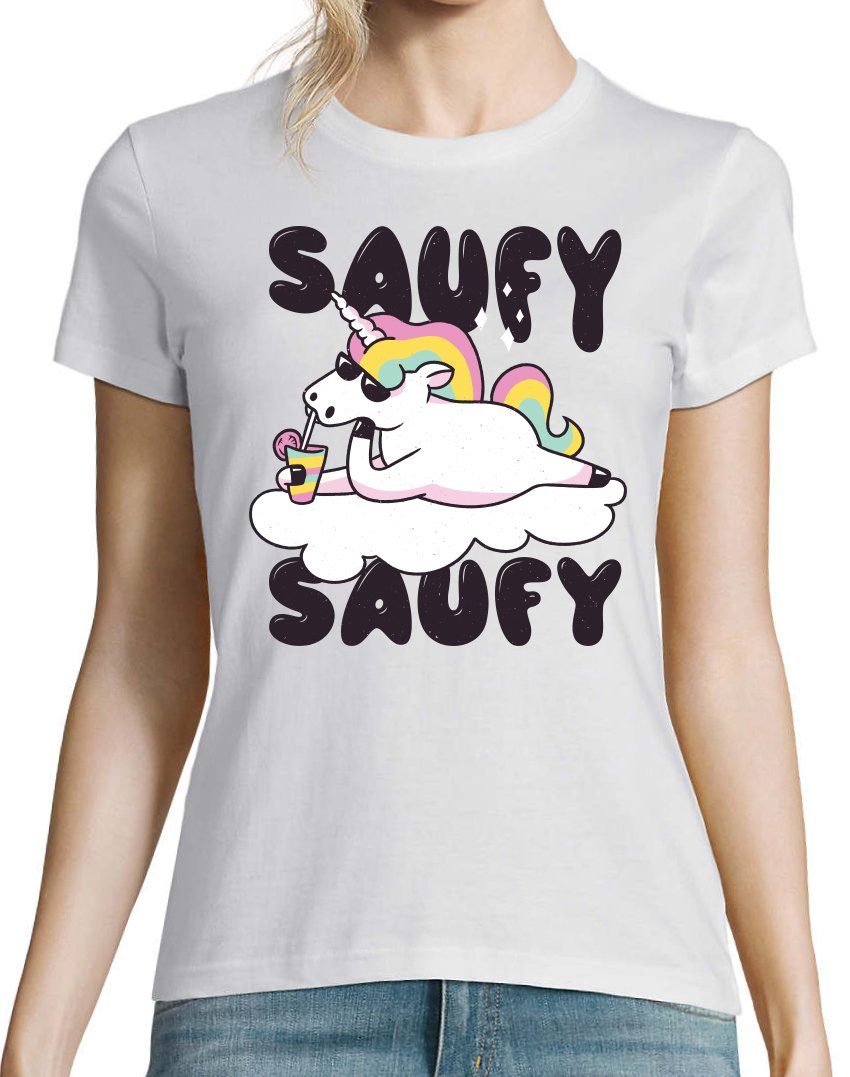 Weiß SAUFY mit Designz Spruch Damen Einhorn Youth T-Shirt Aufdruck Fun-Look SAUFY Unicorn lustigem Print-Shirt und