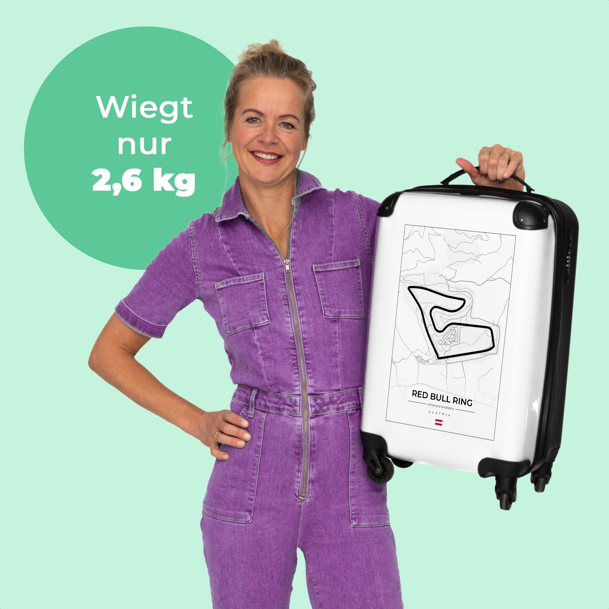 - Cabin Rollen, - Rollkoffer Handgepäckkoffer Kleine Österreich, Rollen Red Reisekoffer F1 4 Ring Handgepäck - Bull - 55x35x20cm Rennstrecke Trolley NoBoringSuitcases.com© mit Weiß 4 -