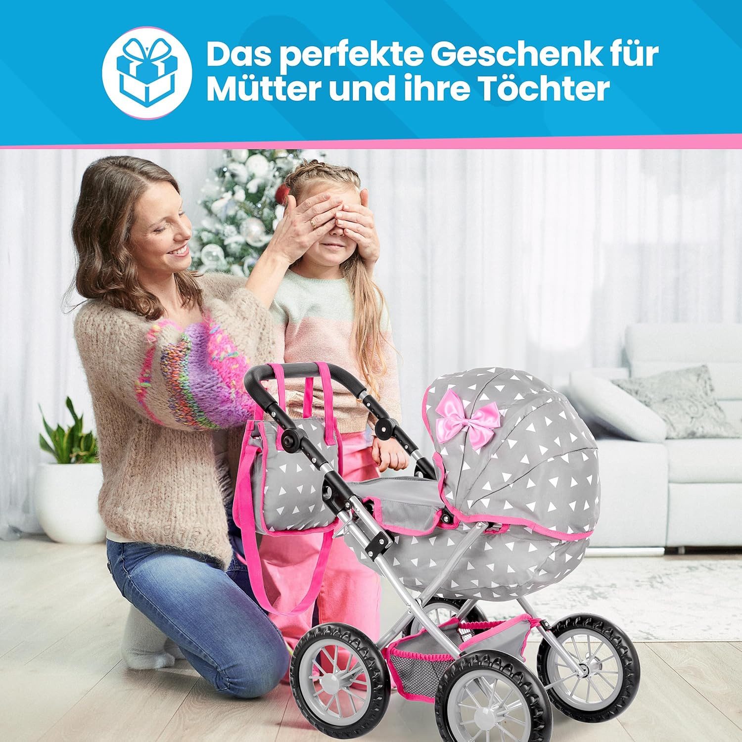 kinderplay Puppenwagen Puppenwagen mit Tasche – höhenverstellbar – Spielspaß ab 3 Jahren – fa – Bild 5 von 5