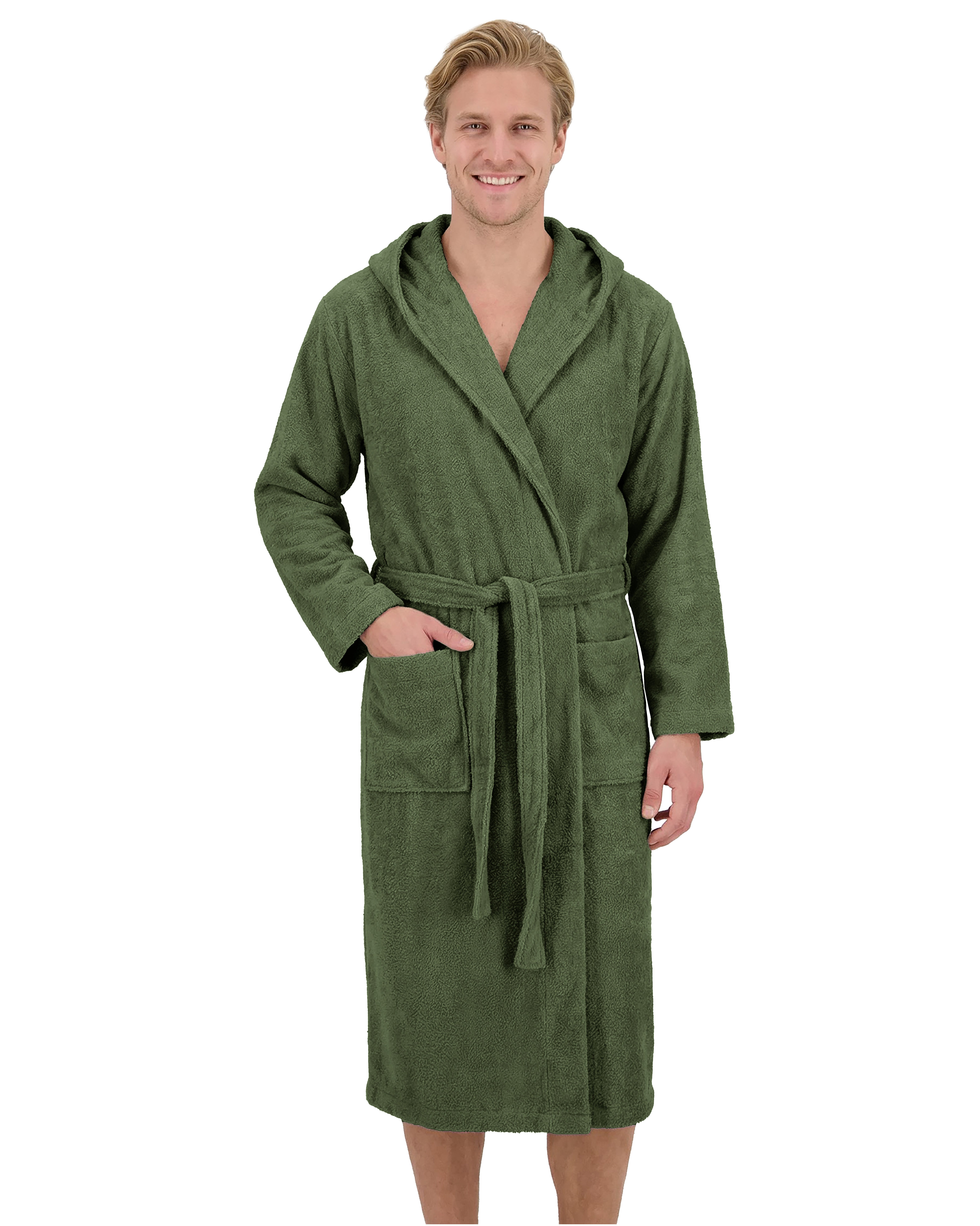 Laynenburg Herrenbademantel Bademantel Herren mit Kapuze aus 100% Baumwolle Frottee, mit Gürtel, aufgesetzten Taschen, Waden-lang für Spa, Sauna, M-XXXL