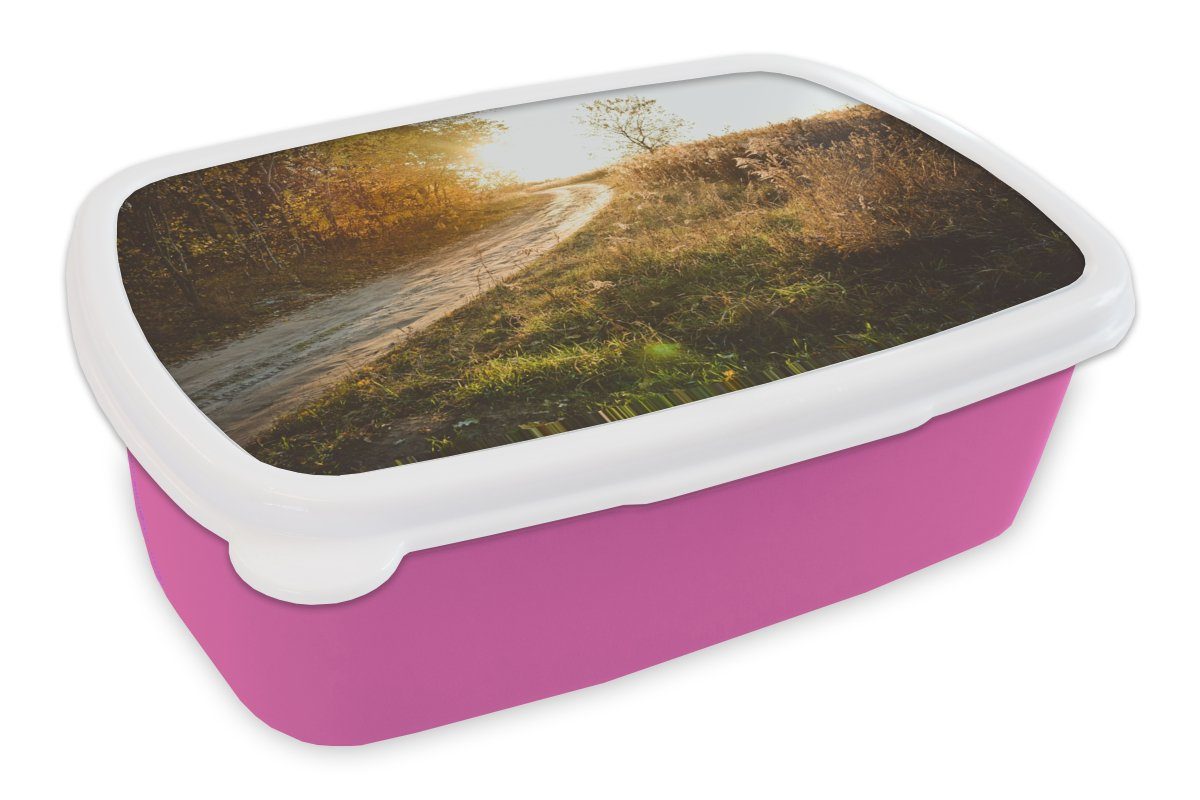 MuchoWow Lunchbox Weg - Natur - Baum, Kunststoff, (2-tlg), Brotbox für Erwachsene, Brotdose Kinder, Snackbox, Mädchen, Kunststoff rosa