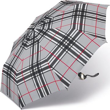 happy rain® selection Taschenregenschirm schöner Herren-Regenschirm mit Auf-Zu-Automatik, stabil und leicht, im grauen Karo-Muster