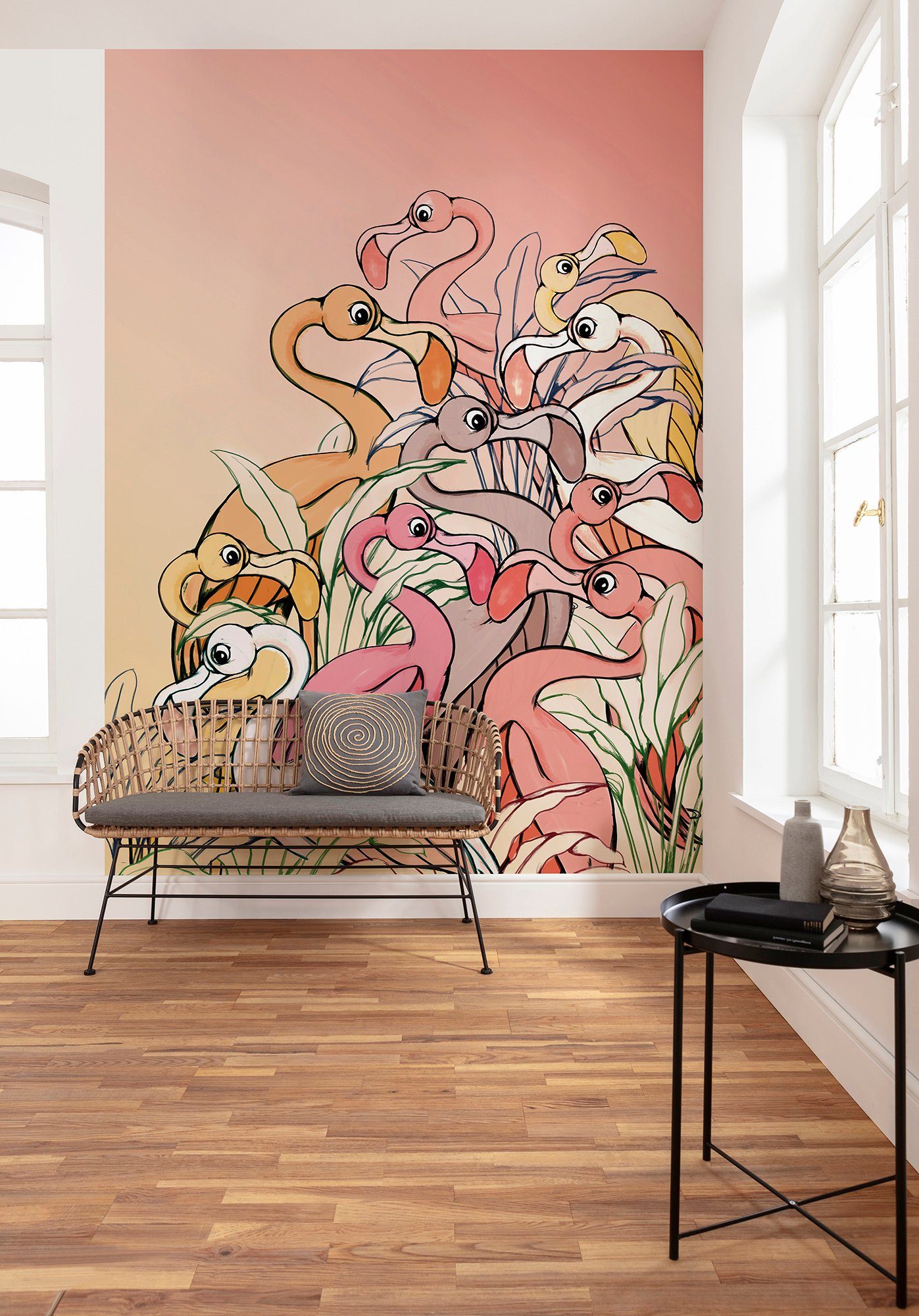 Komar Vliestapete Digitaldruck Vlies - Flamingos and Lillys - Größe 200 x 280 cm, glatt, bedruckt, Kinderzimmer