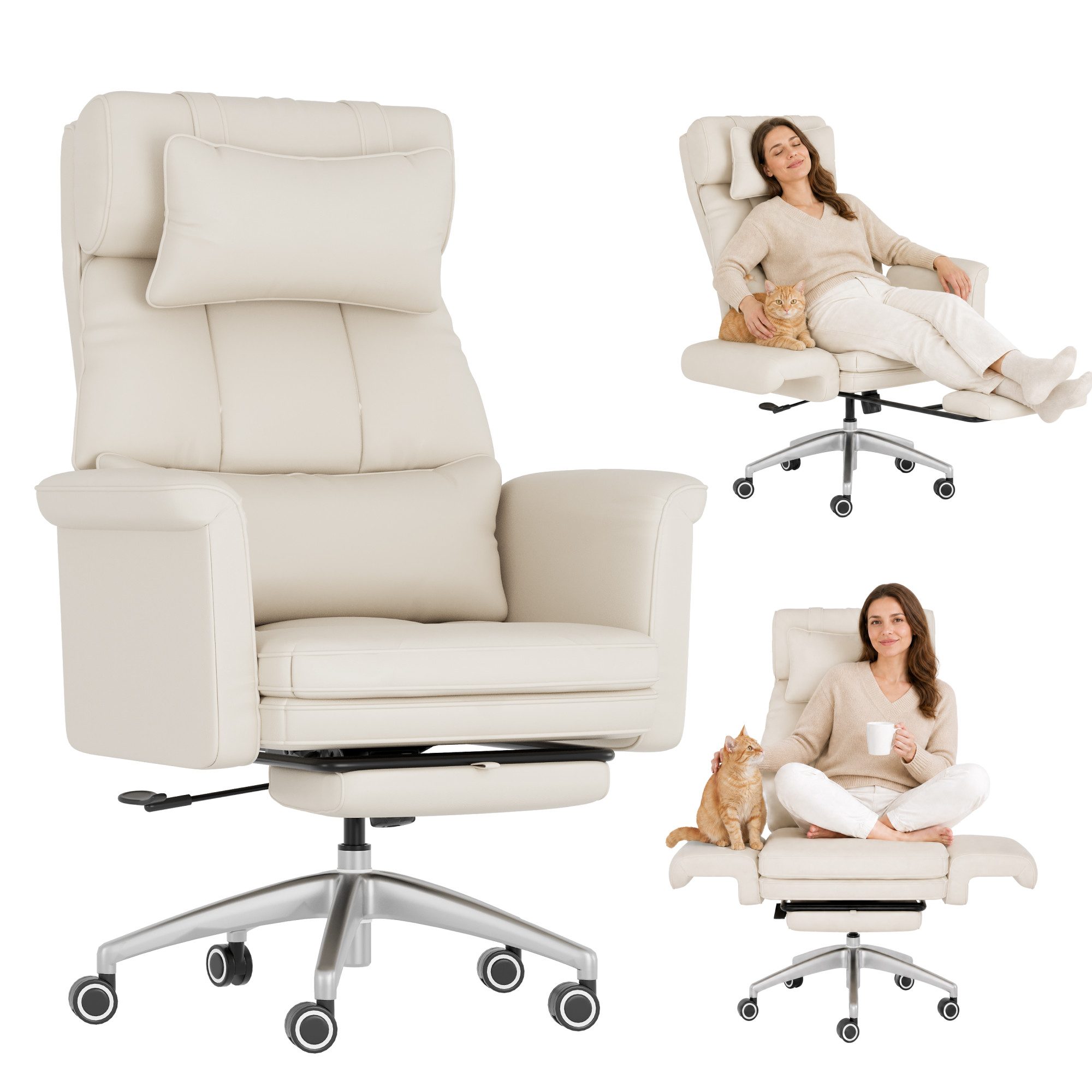 FLEXISPOT Stuhl Haustierfreundlicher Bürostuhl Chefsessel mit 180° Klapparmlehnen (Erweiterbare Sitzfläche bis 112 cm, kratzfestem Katzenkrallenleder, Fußstütze und verstellbarer Kopfstütze), Höhenverstellbarer Schreibtischstuhl für Homeoffice & Büro