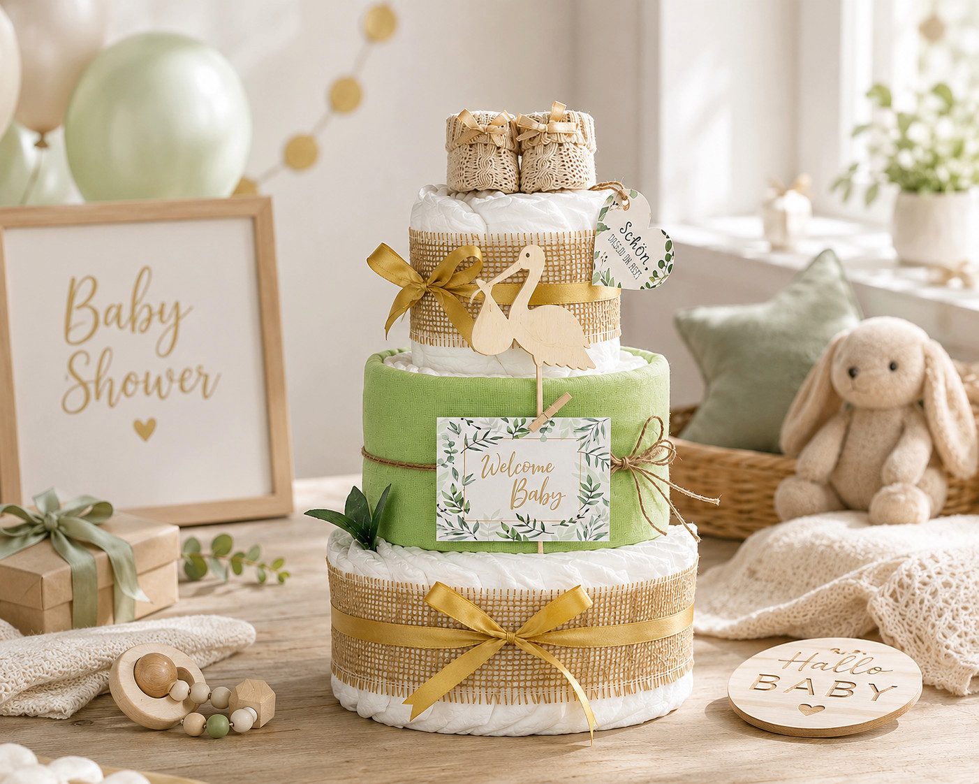 dubistda-WINDELTORTEN- Neugeborenen-Geschenkset Windeltorte Storch, zur Geburt – Bild 3 von 3