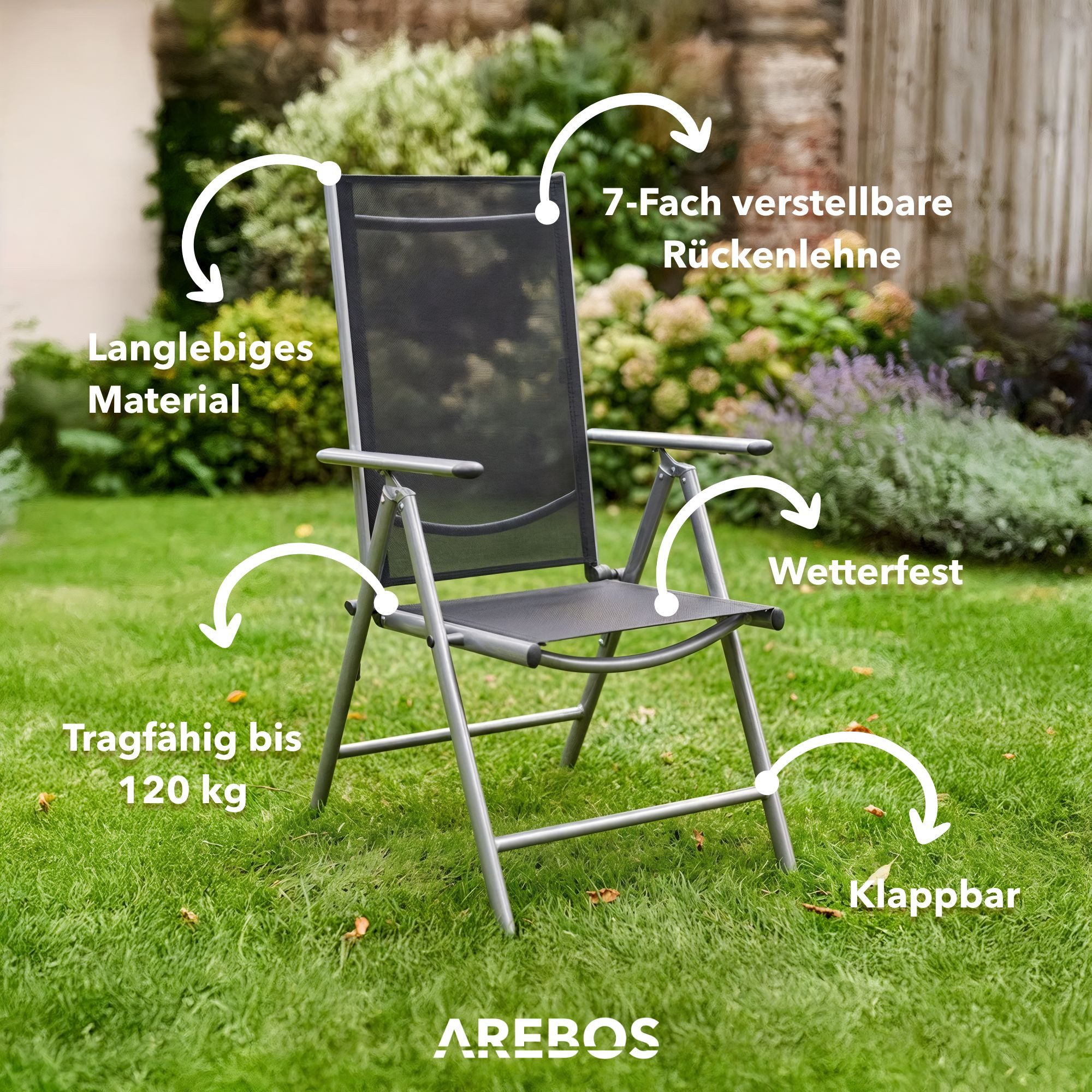 Arebos Klappstuhl Gartenstuhl 4er Set klappbar Hochlehner Alu verstellbar UV-fest (Set, 4 St), 7-fach verstellbar, Wetterfestes, bis 120 kg – Bild 3 von 5